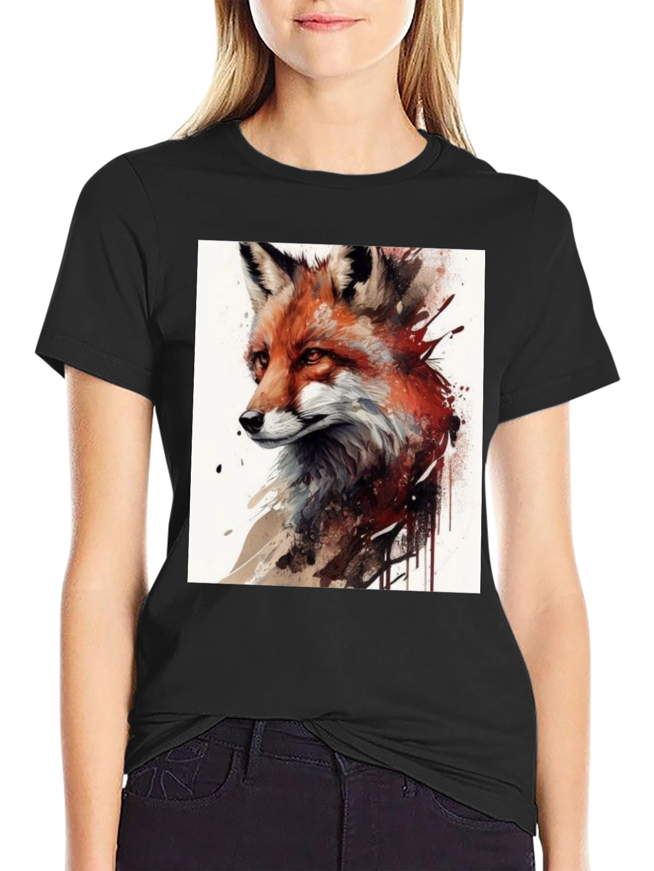 Black Fox Art Graphic Tee - Unisex Black T-Shirt view 2