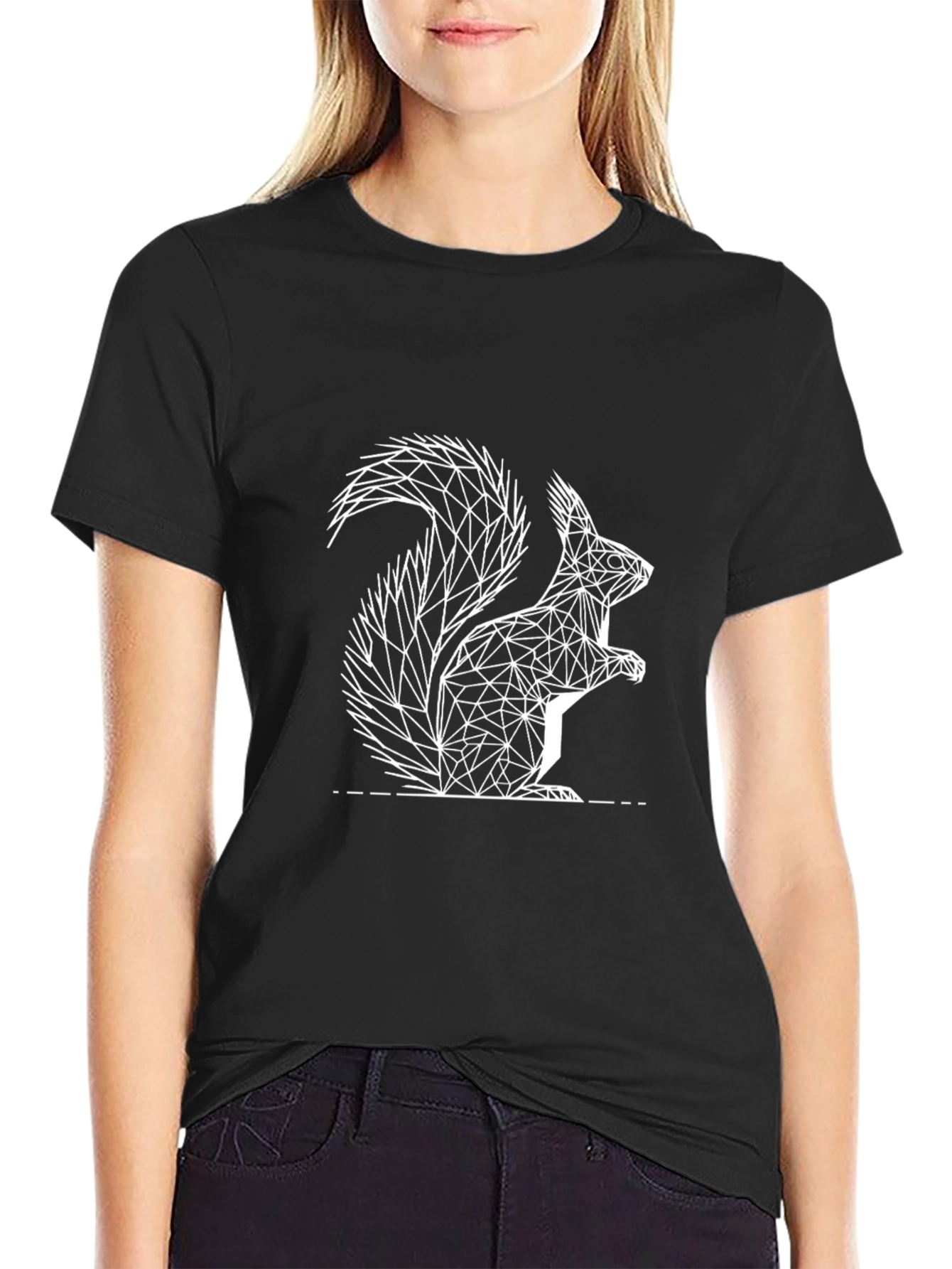 Black Geometric Squirrel Graphic Tee - Black Cotton T-Shirt view 2