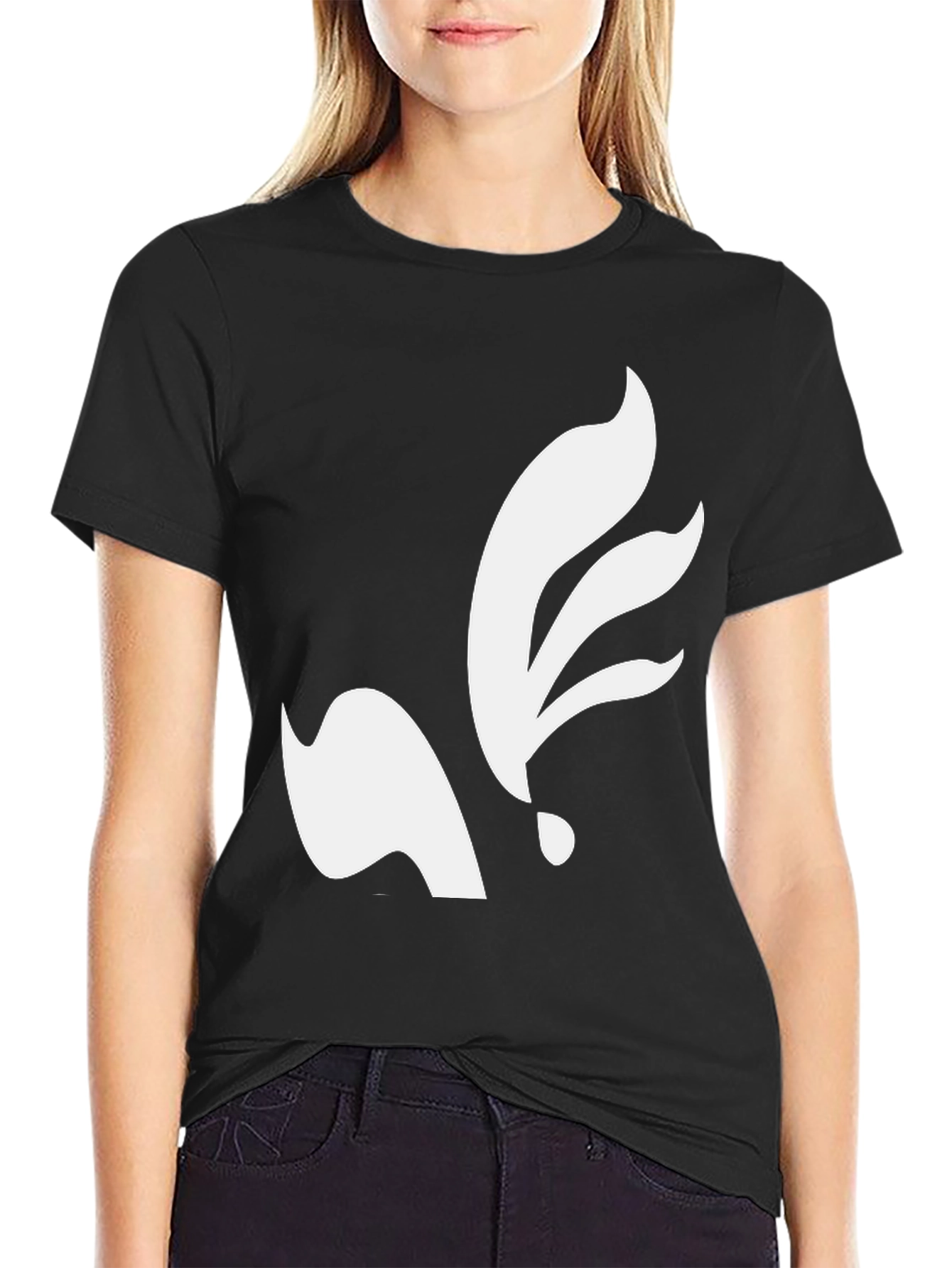 Black Black T-Shirt with Abstract White Leaf Design view 2