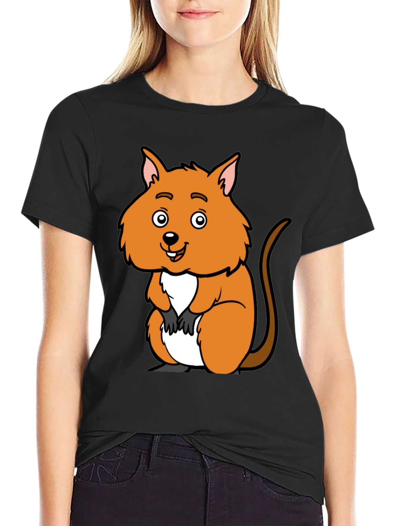Black Cute Quokka Cartoon Black T-Shirt view 2