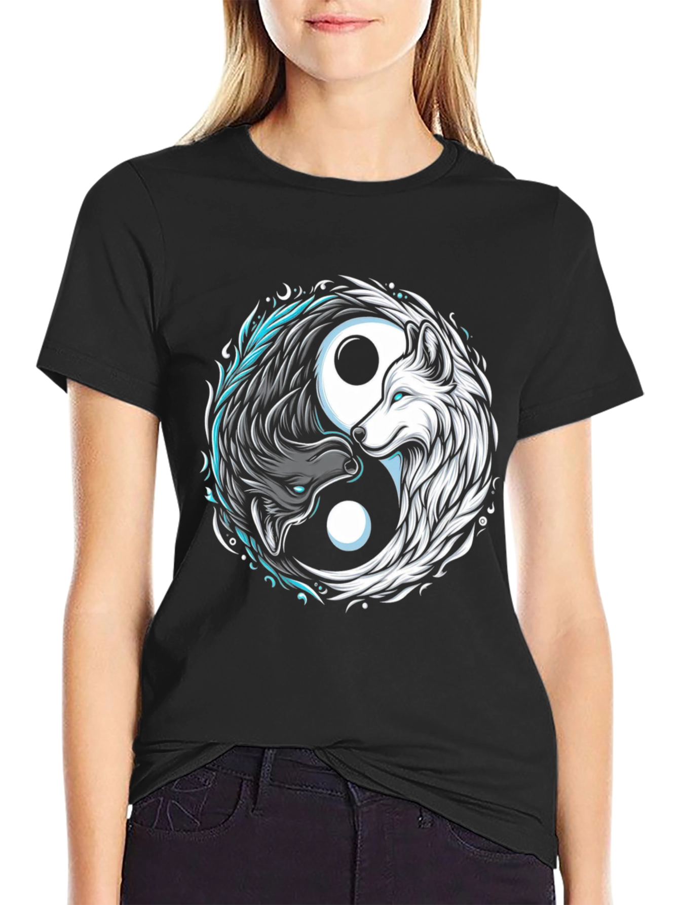 Black Yin Yang Wolf Graphic Tee - Balance & Style view 2