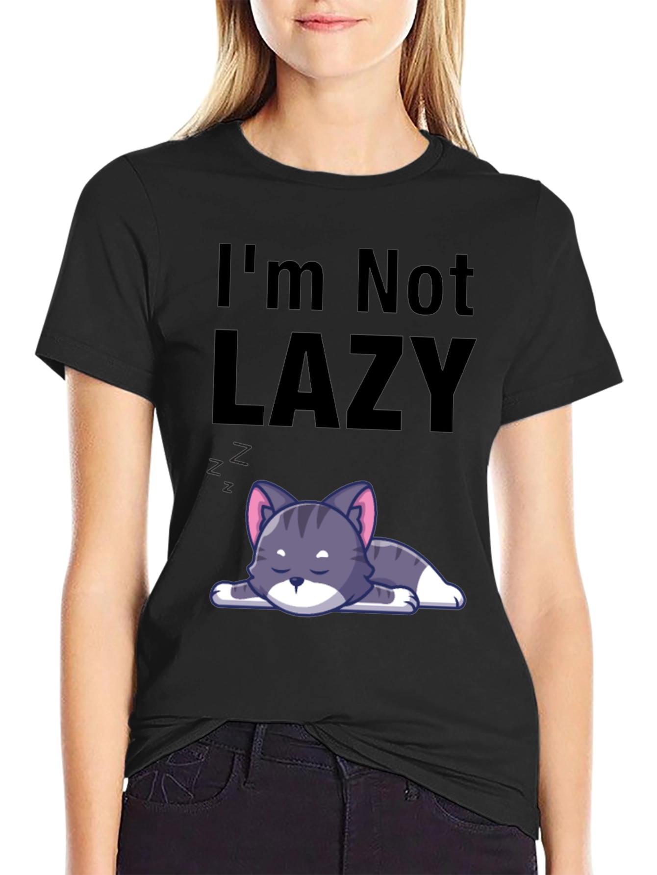 Black I'm Not Lazy Cat T-Shirt - Comfortable Cotton Blend view 2