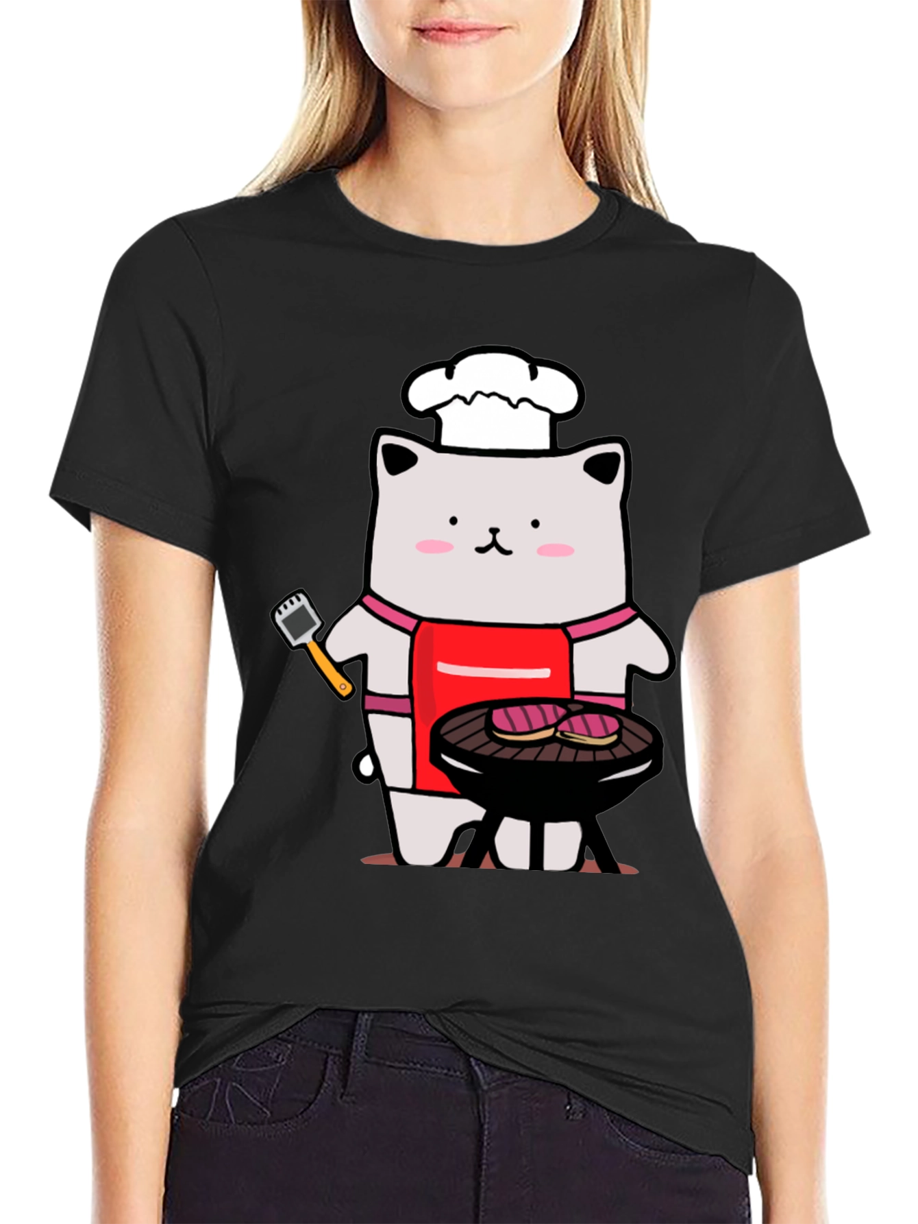 Black Chef Cat BBQ T-Shirt - Funny Grilling Tee view 2