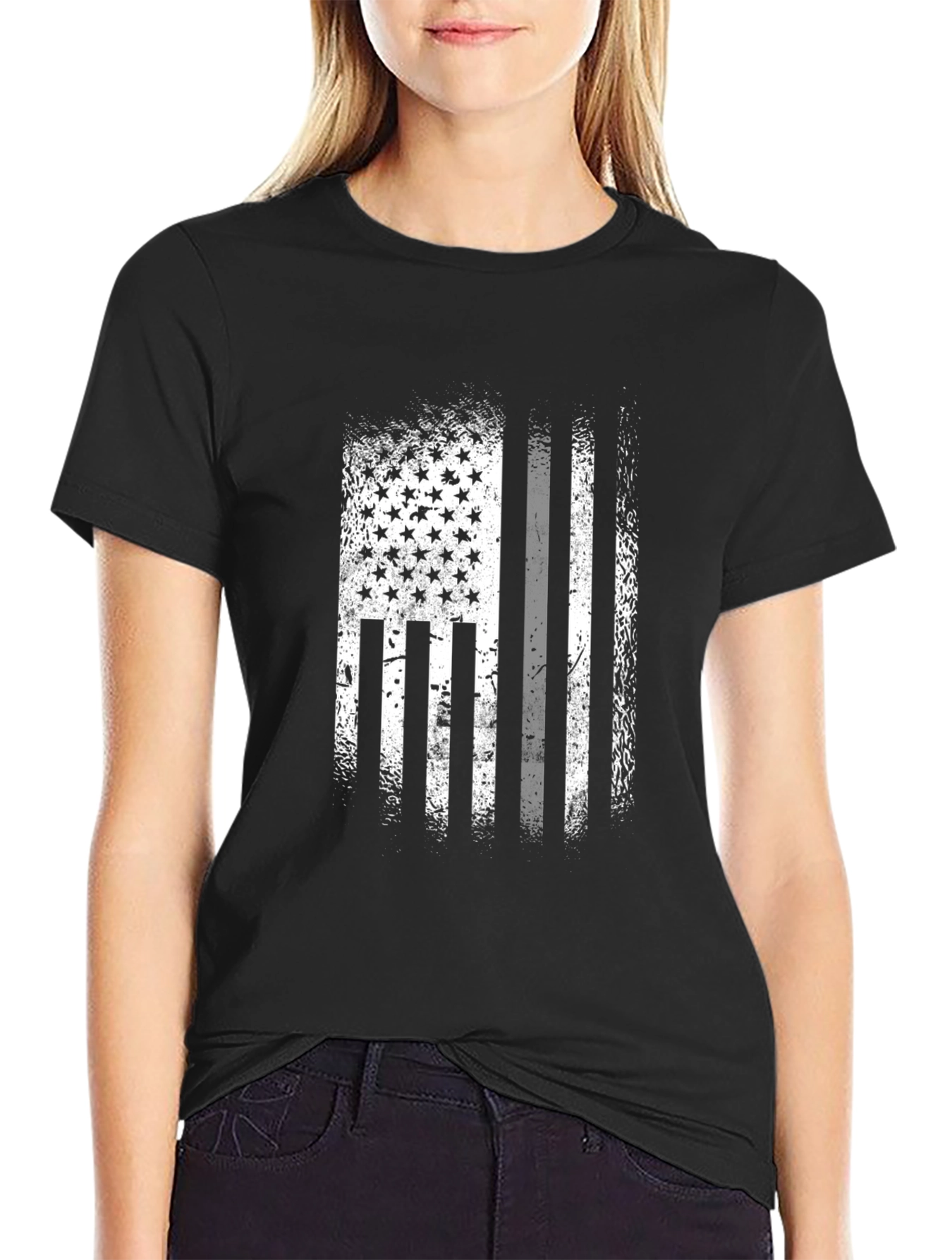 Black American Flag Distressed Graphic T-Shirt view 2