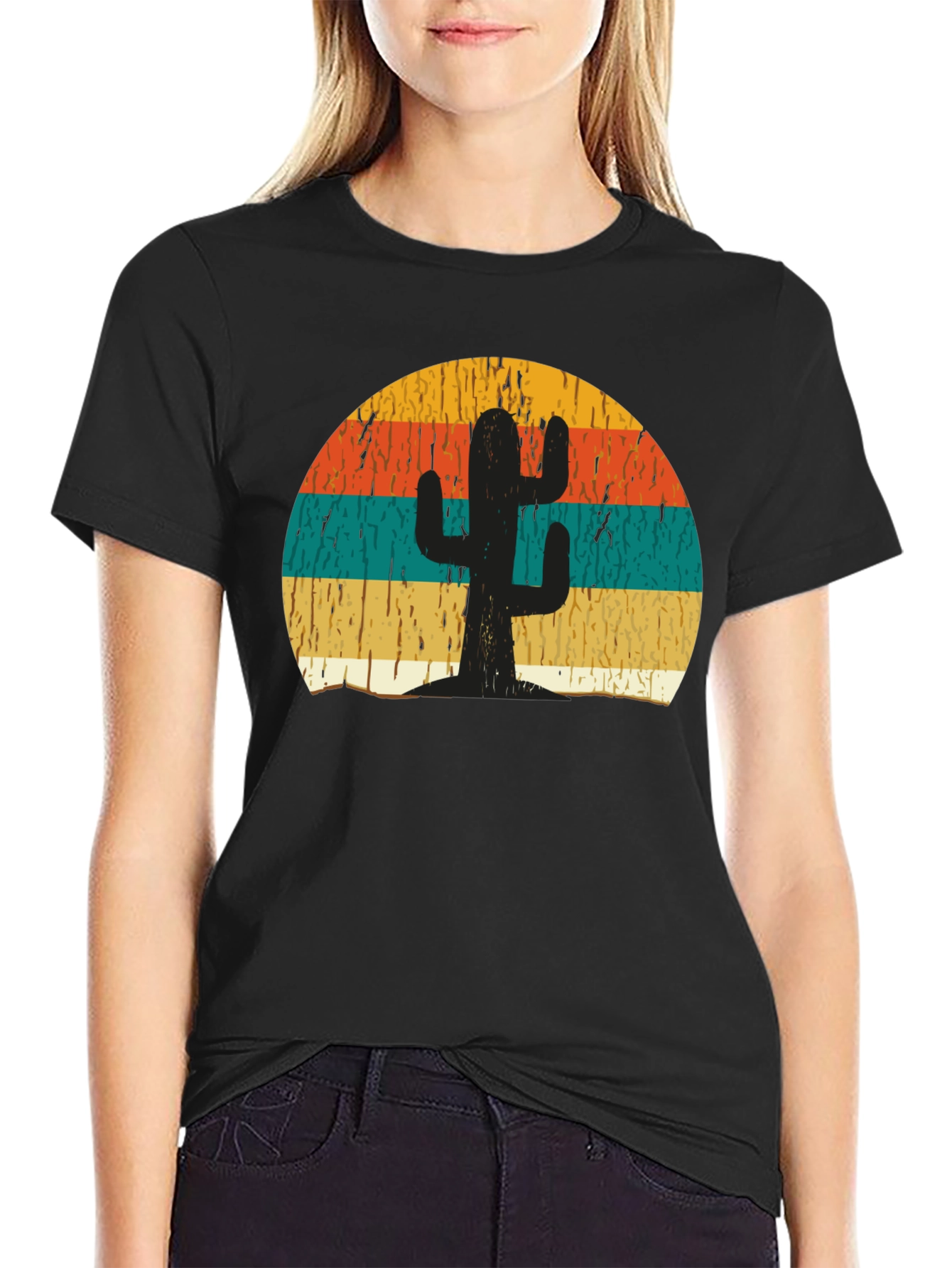 Black Retro Cactus Sunset Graphic T-Shirt view 2