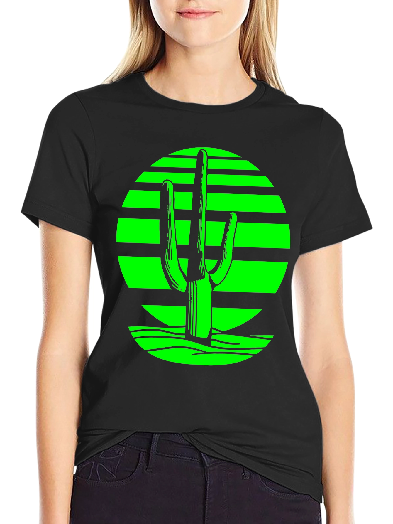 Black Retro Desert Cactus T-Shirt - Green on Black view 2