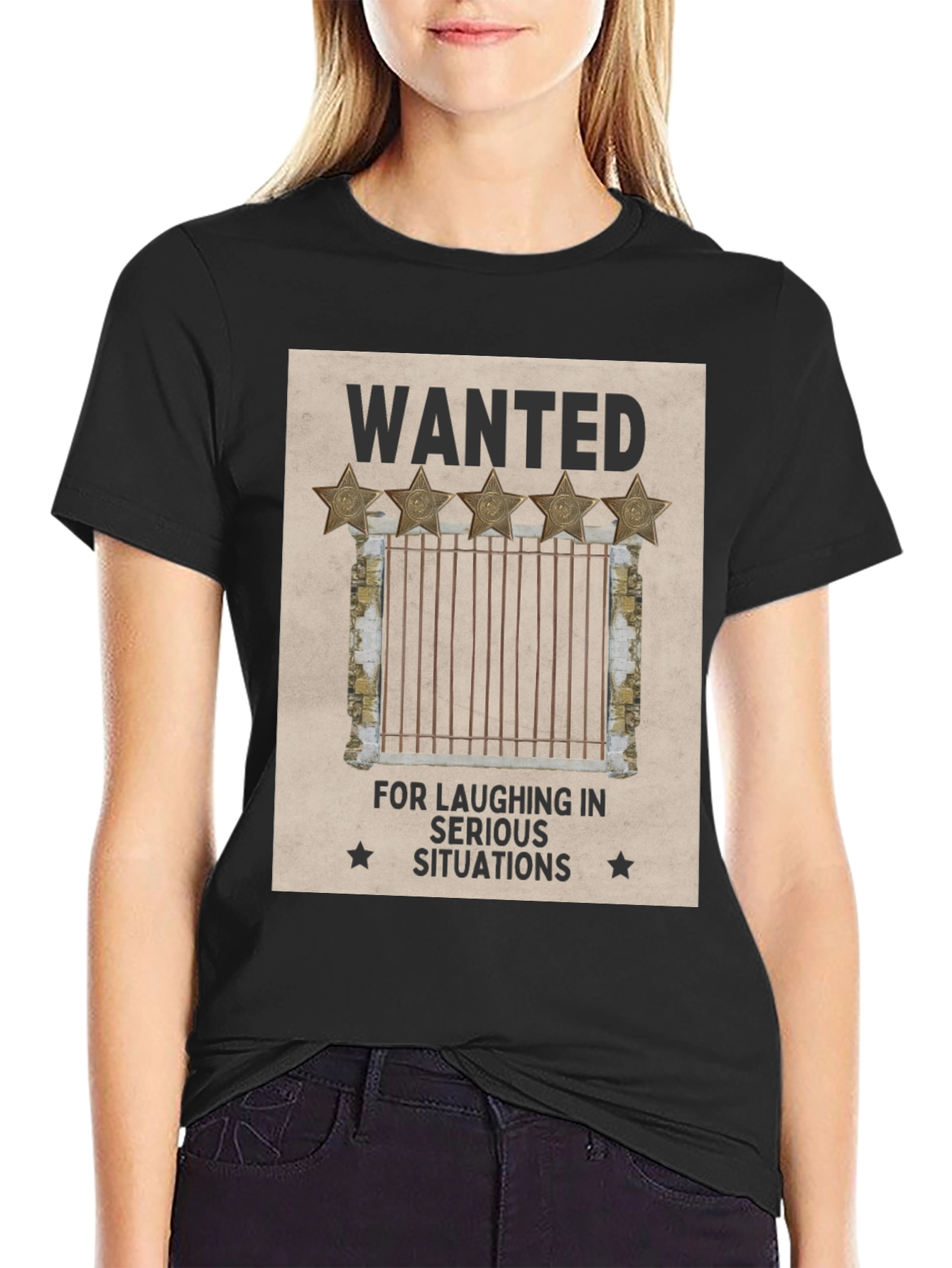 Black Wanted: Laughing in Serious Situations Graphic T-Shirt view 2