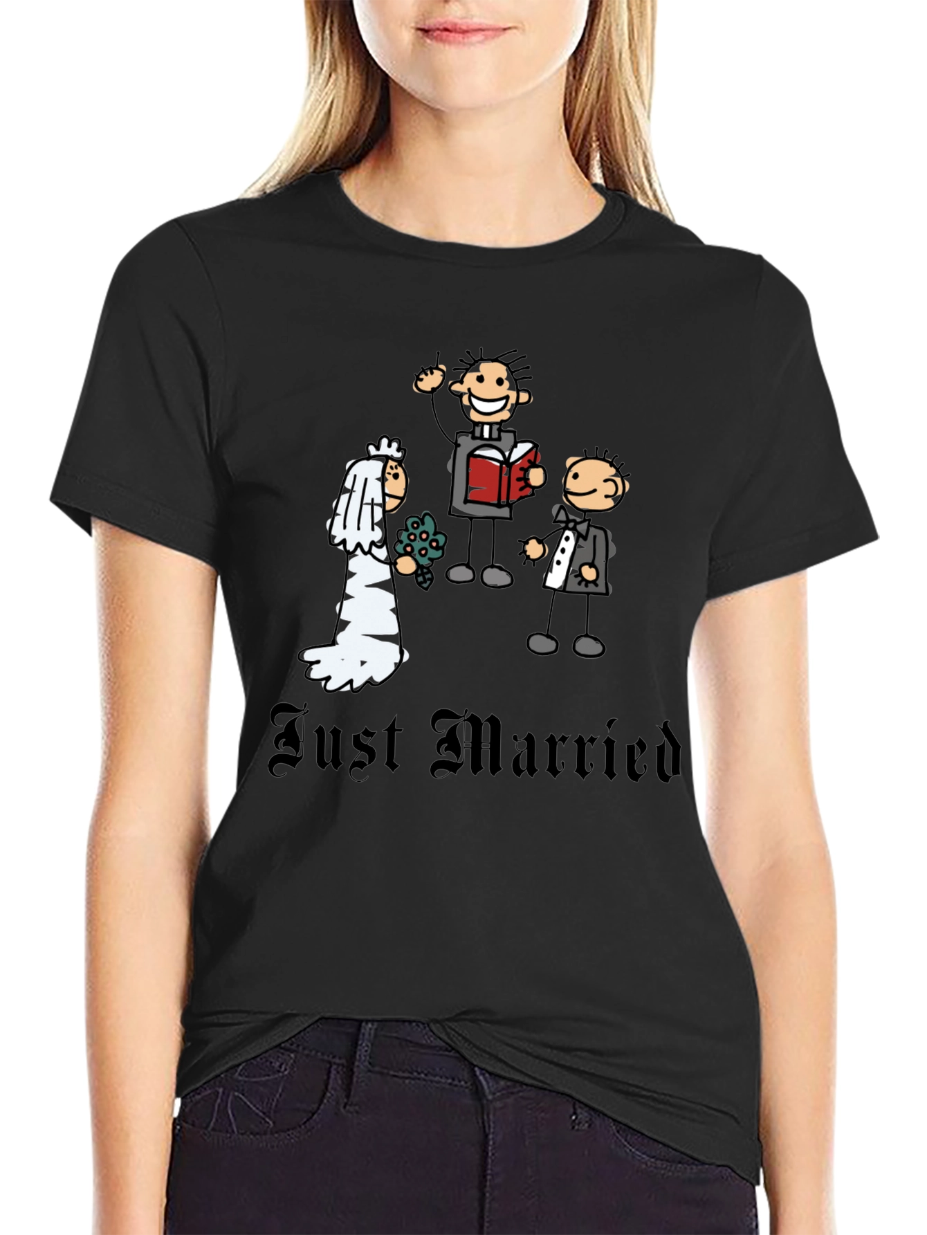 Black Just Married Cartoon Graphic T-Shirt - Novelty Wedding Tee view 2