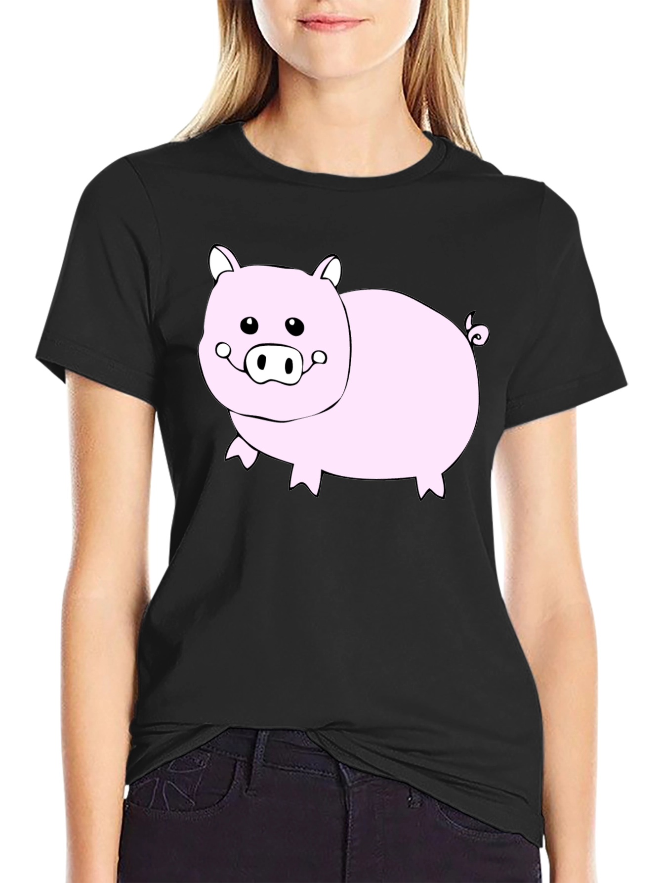 Black Cute Pig Graphic Black T-Shirt - Unisex view 2
