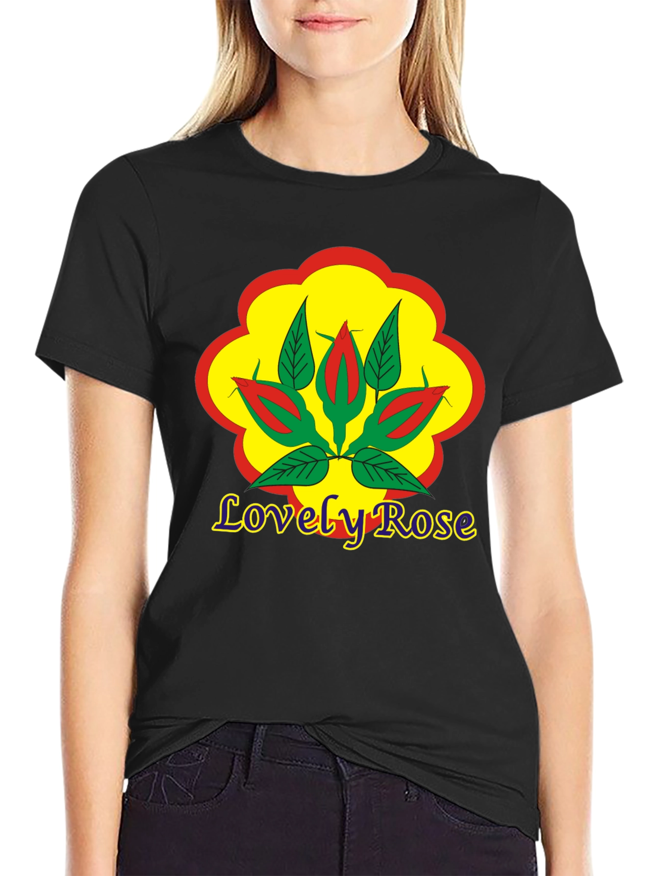 Black Lovely Rose Graphic Black T-Shirt view 2