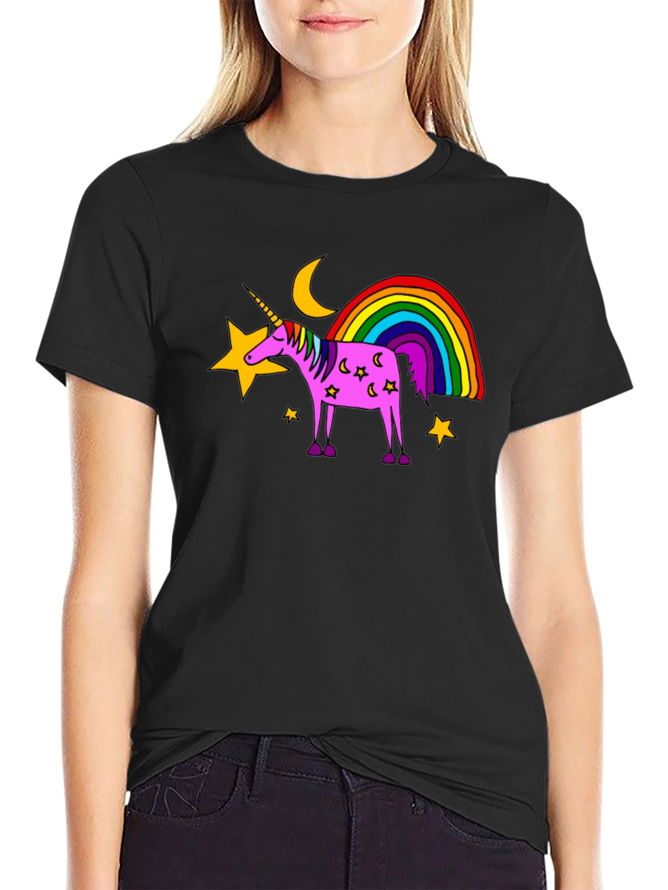Black Unicorn Rainbow Graphic Tee - Black Cotton Casual Shirt view 2