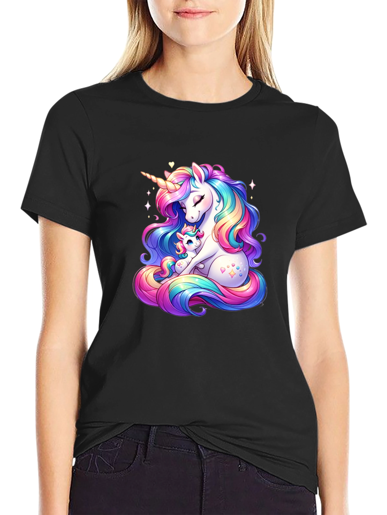 Black Unicorn Mom and Baby Black T-Shirt view 2
