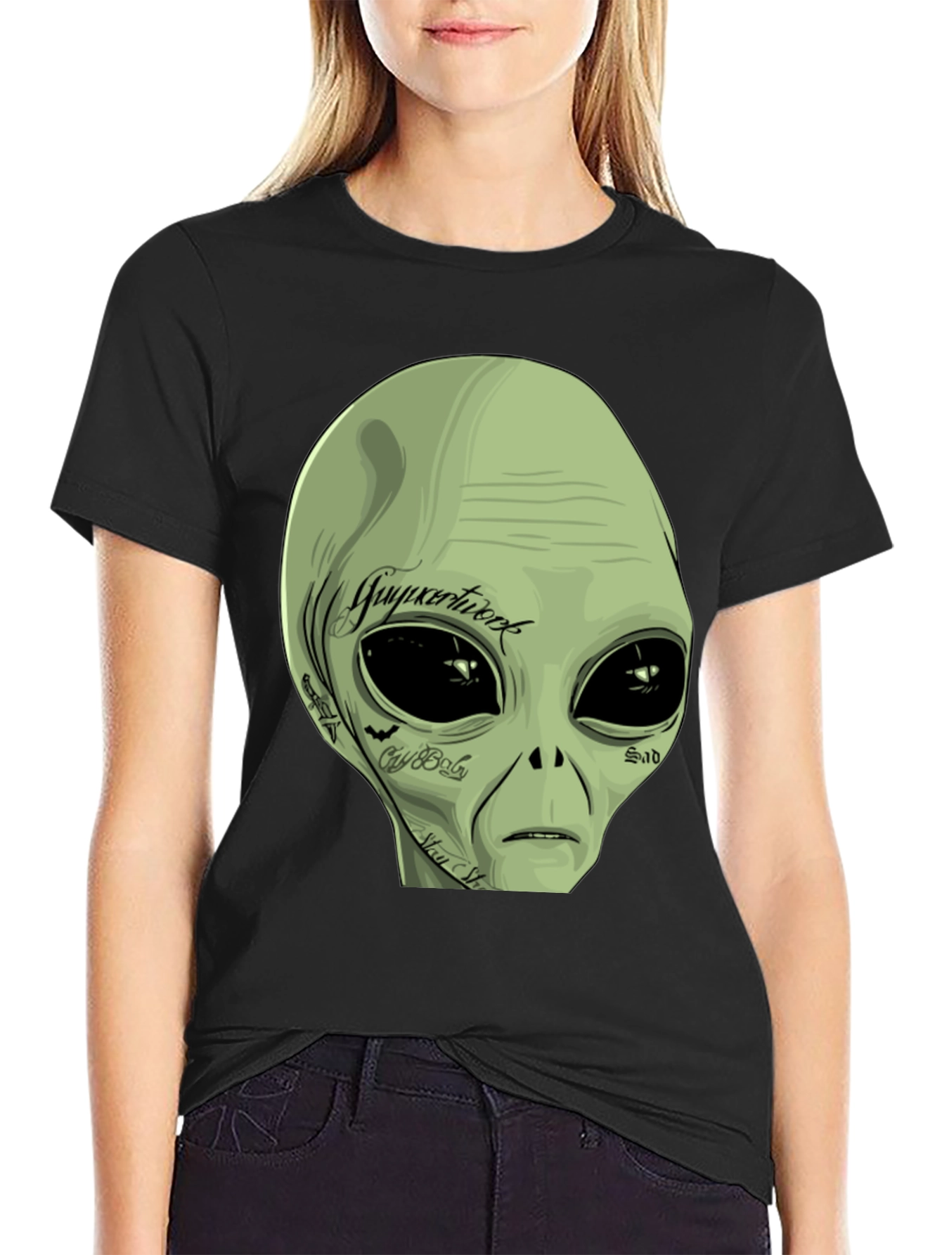 Black Tattooed Alien Graphic Tee - Black Cotton Casual T-Shirt view 2