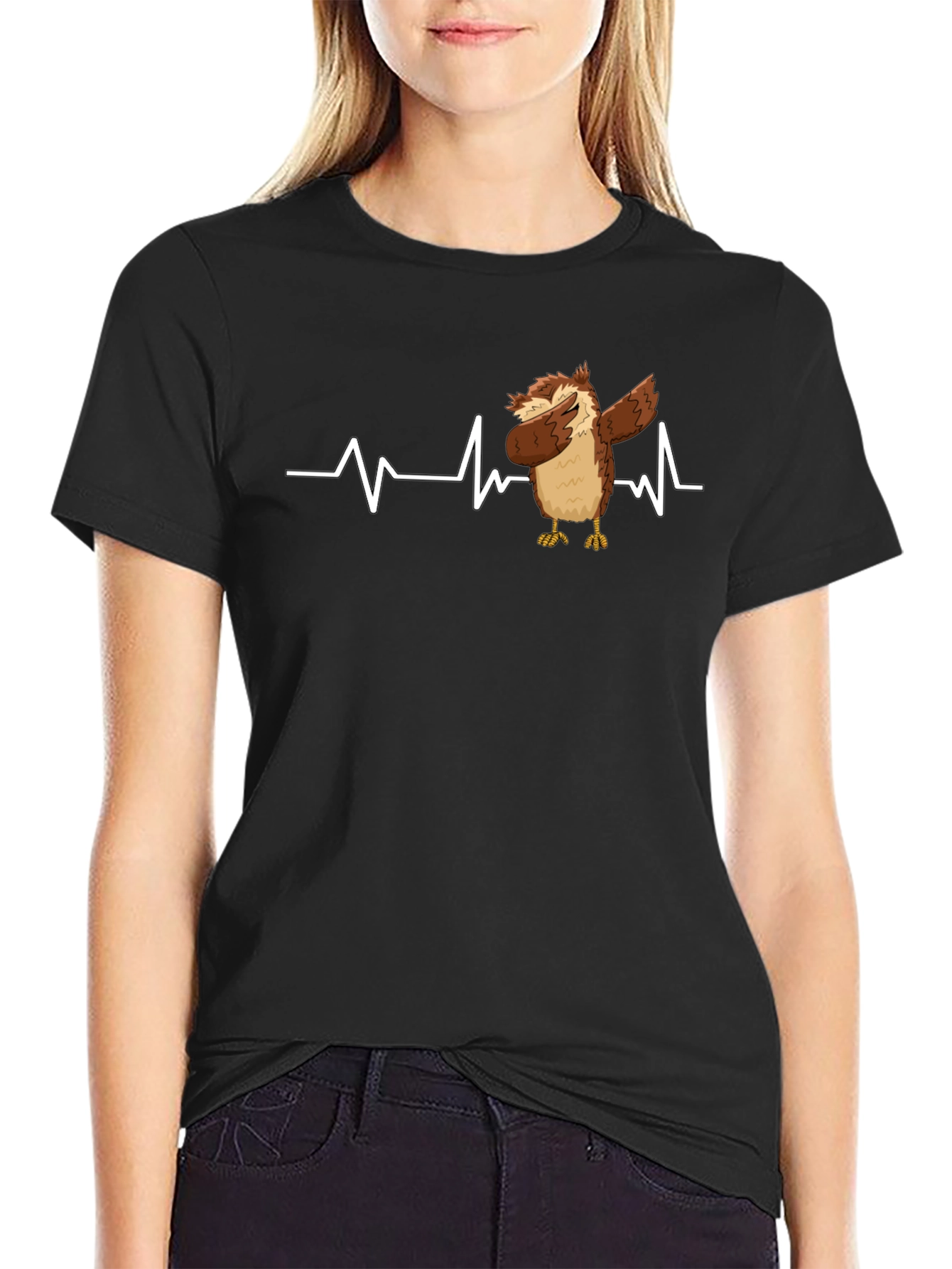 Black Dabbing Owl T-Shirt: Funny Bird Heartbeat Tee view 2