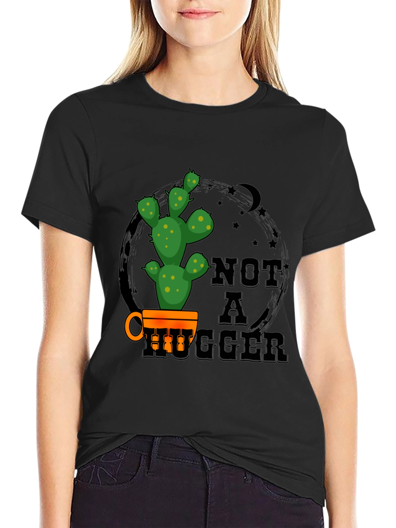 Black Not a Hugger Cactus Graphic Tee view 2