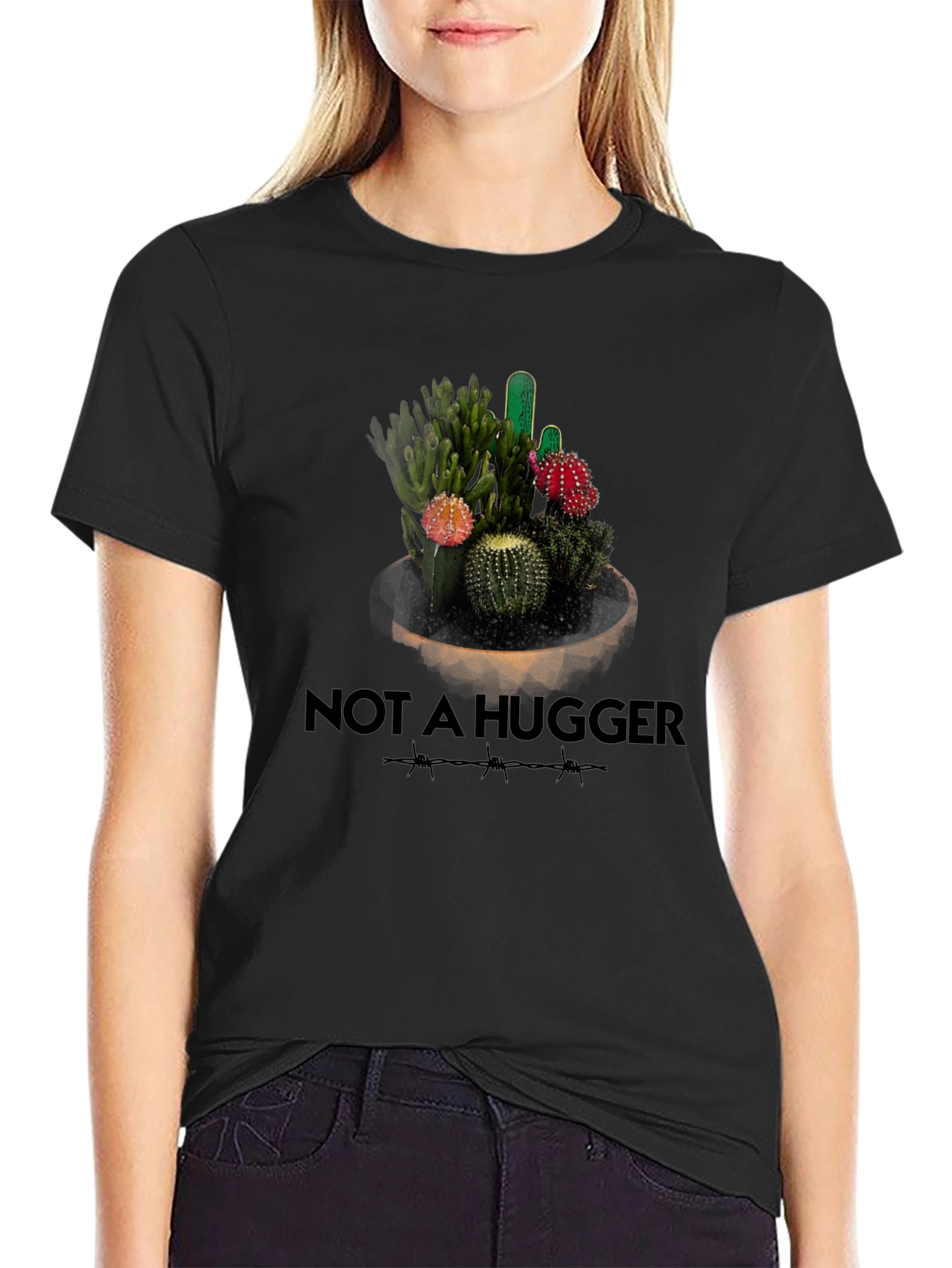 Black Not A Hugger Cactus Graphic T-Shirt view 2