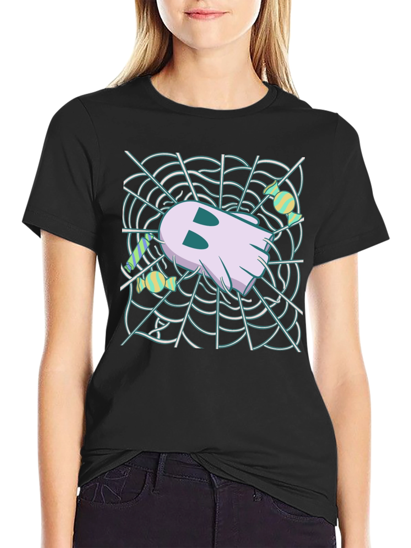 Black Ghost in Web Halloween Graphic T-Shirt view 2