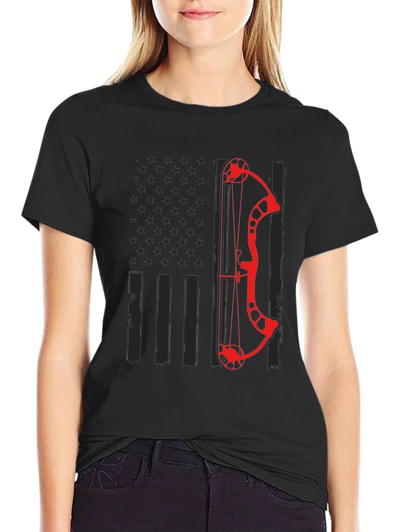 Black Archery Bow American Flag Graphic T-Shirt view 2