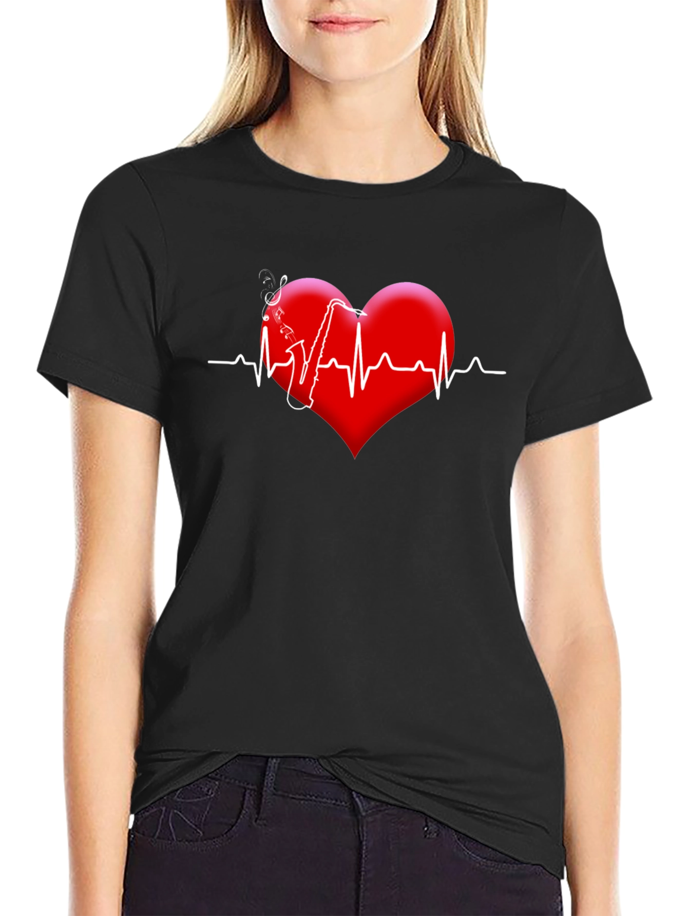 Black Saxophone Heartbeat Graphic Tee view 2
