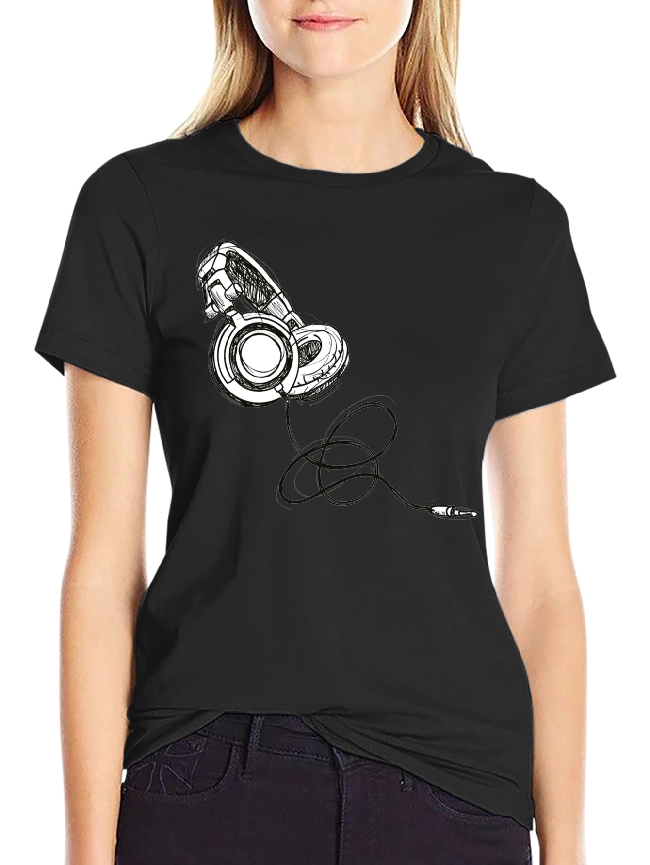 Black Headphone Graphic Tee - Stylish Black T-Shirt view 2