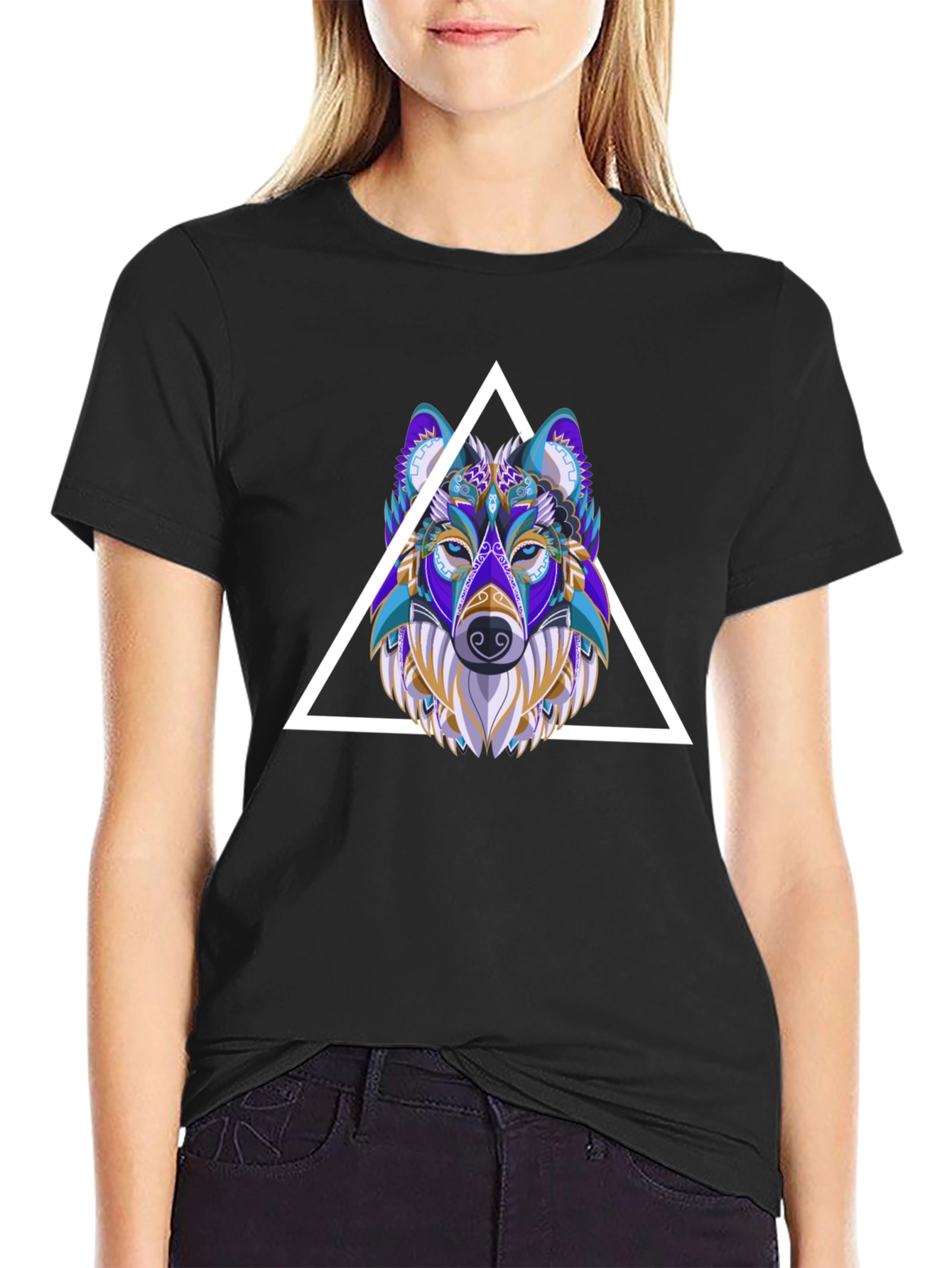Black Wolf Graphic Tee - Geometric Style Black T-Shirt view 2