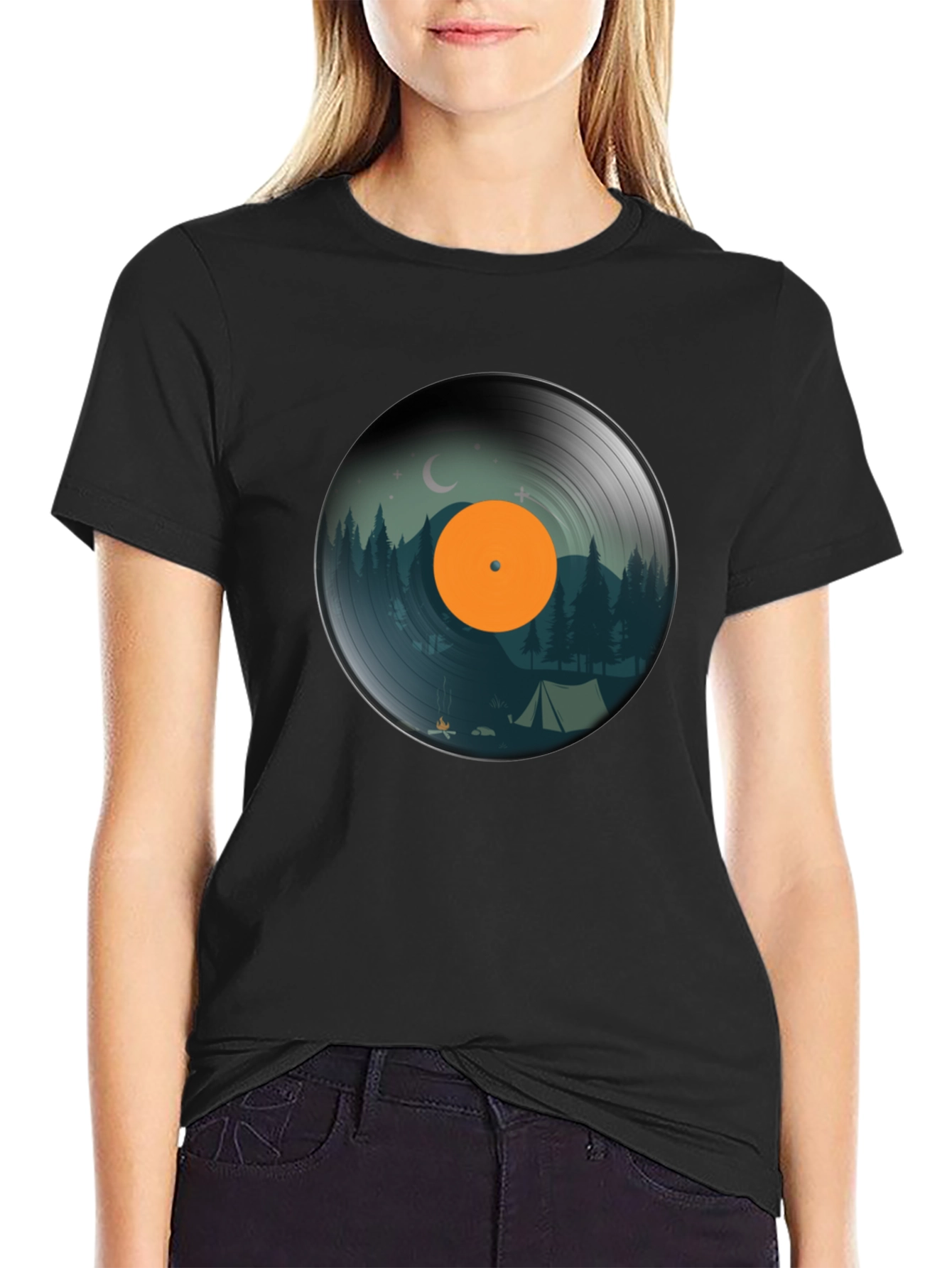 Black Camping Vinyl Record Graphic Tee - Nature Lover Shirt view 2