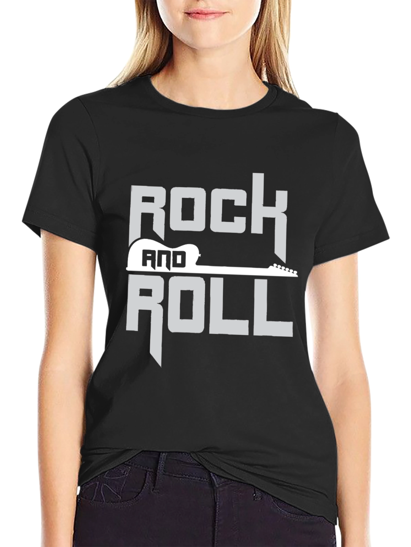 Black Rock and Roll Guitar Graphic Black T-Shirt view 2