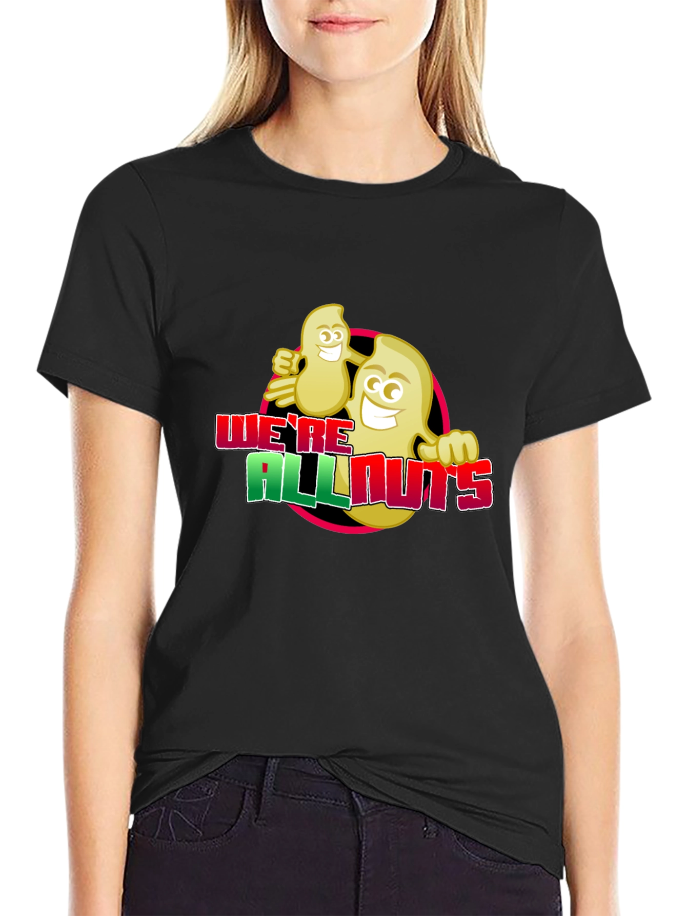 Black We're All Nuts T-Shirt - Funny Cartoon Graphic Tee view 2