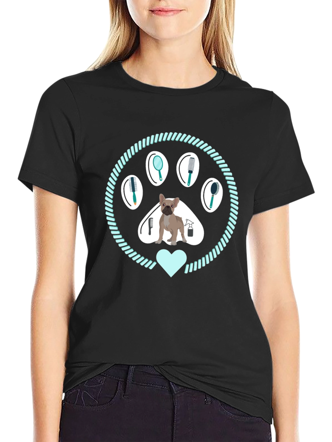 Black Dog Groomer T-Shirt: Paw Print Design view 2