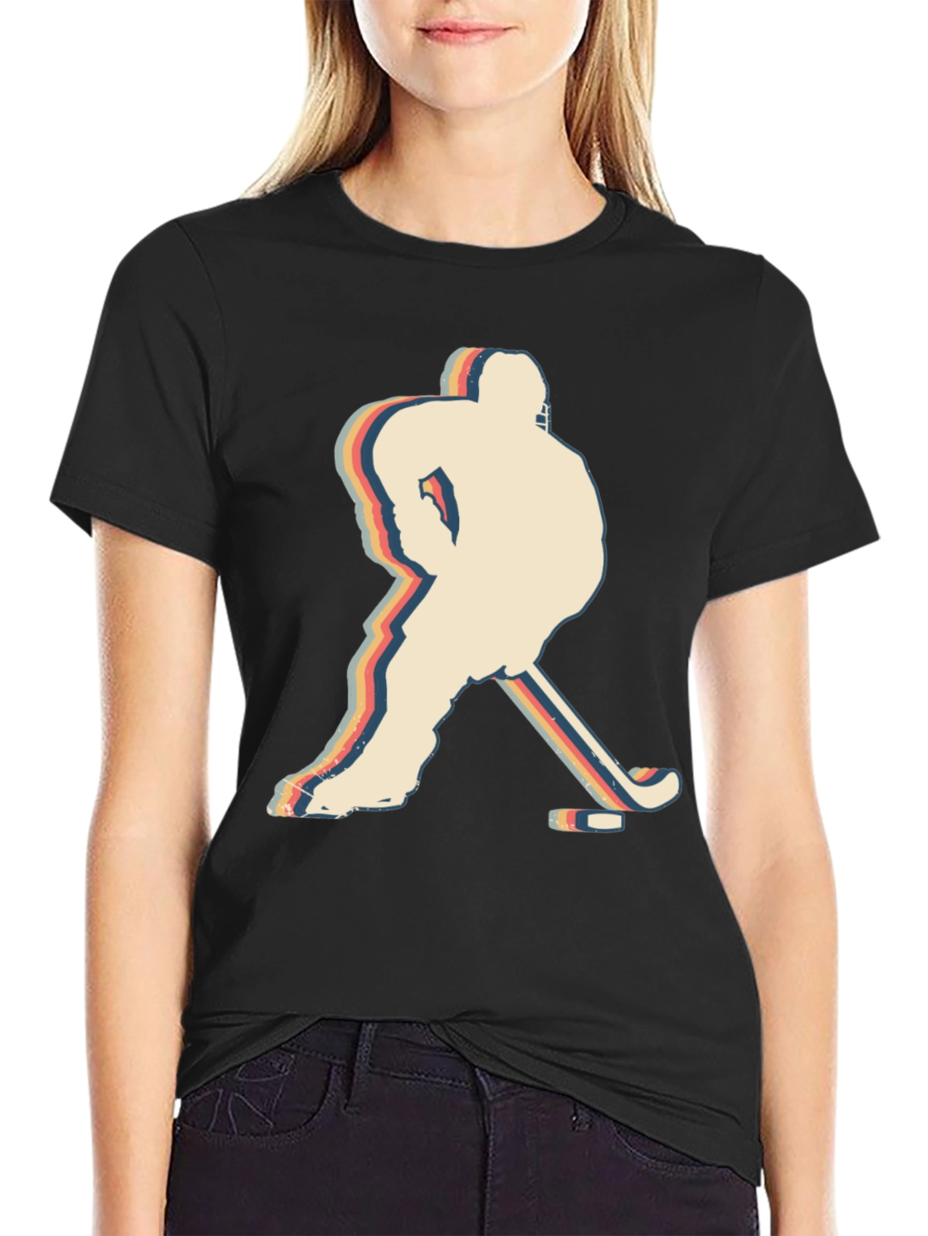 Black Retro Hockey Player Silhouette Graphic T-Shirt view 2
