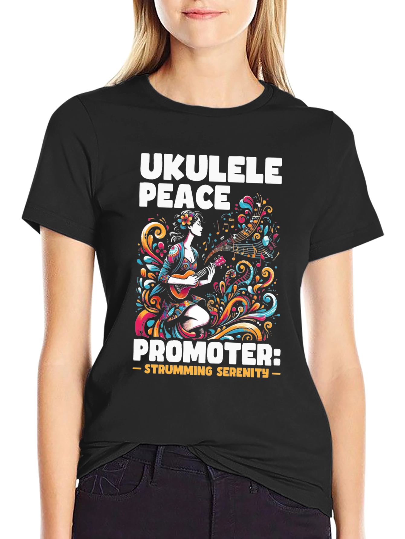 Black Ukulele Peace Promoter Black T-Shirt view 2