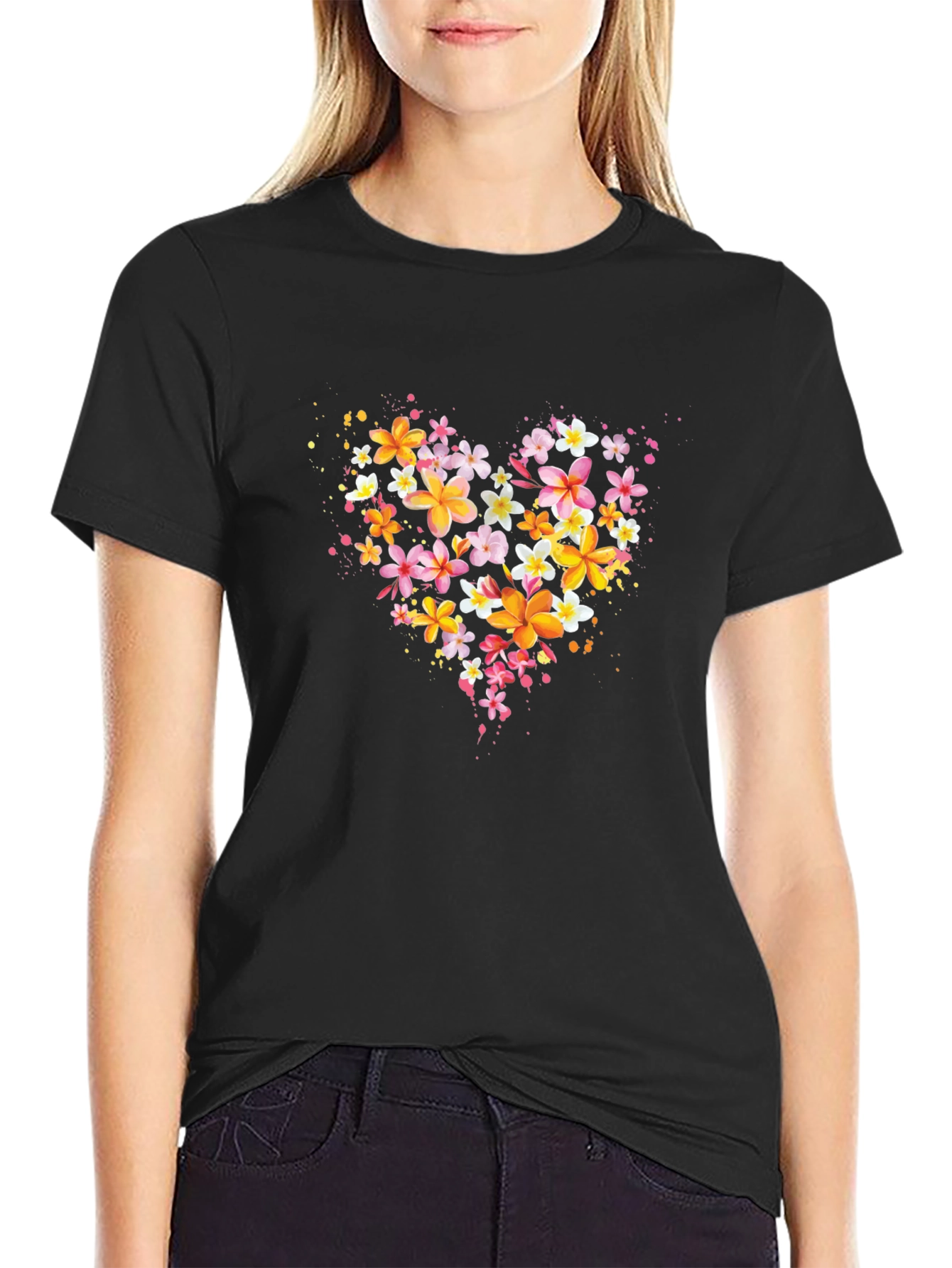 Black Floral Heart T-Shirt - Black Crew Neck view 2