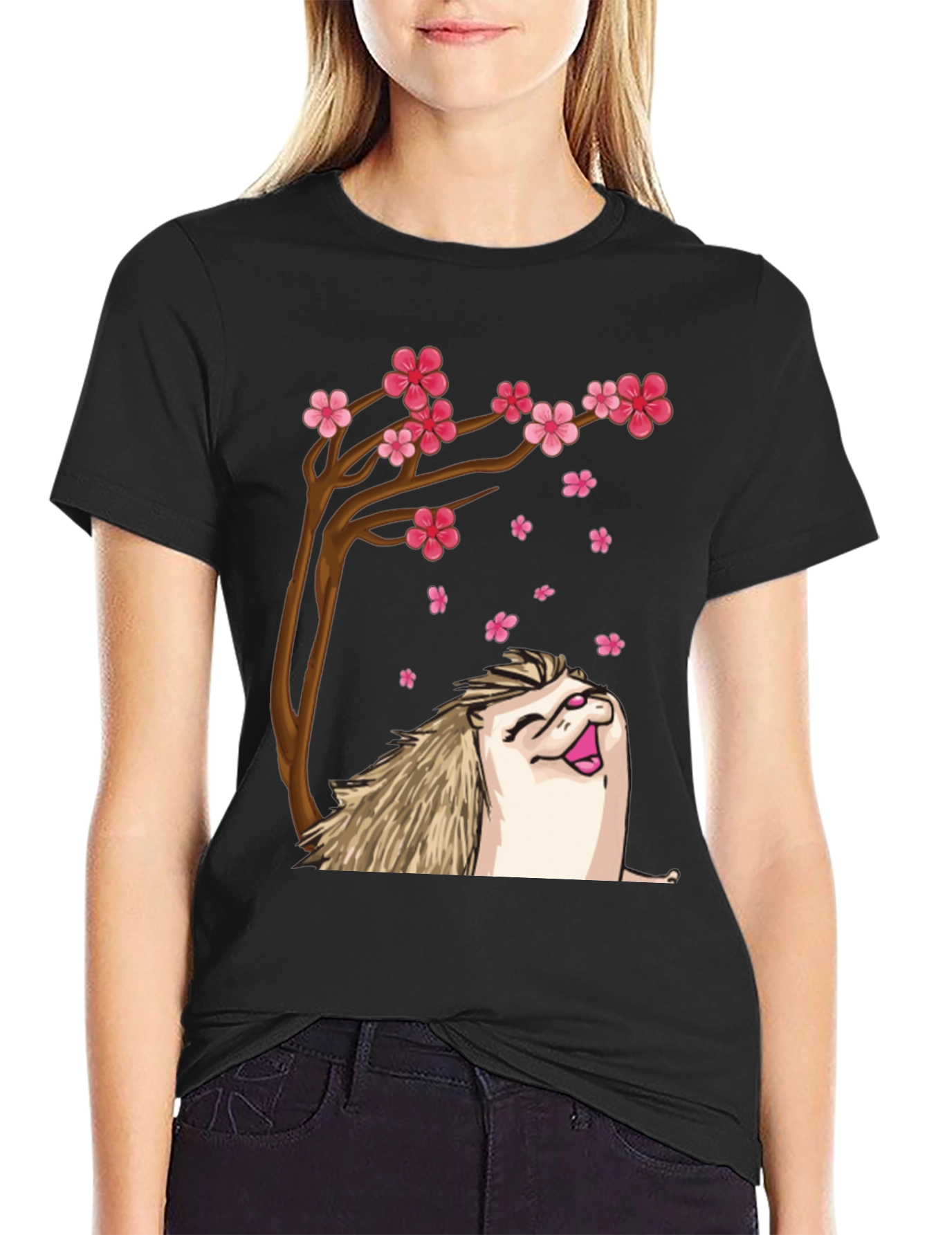 Black Hedgehog Sakura Tree Black T-Shirt view 2