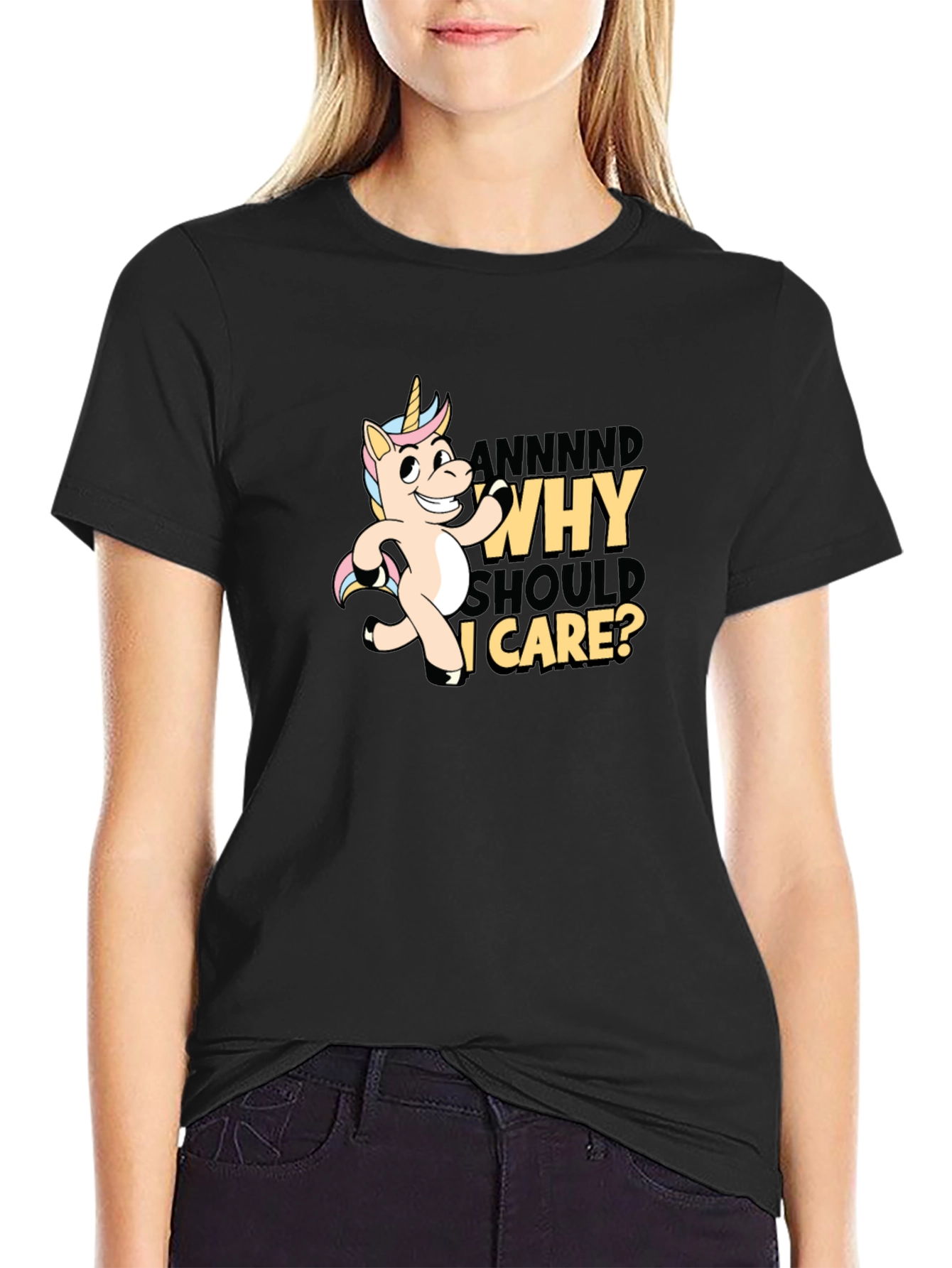 Black Funny Unicorn Why Should I Care T-Shirt view 2