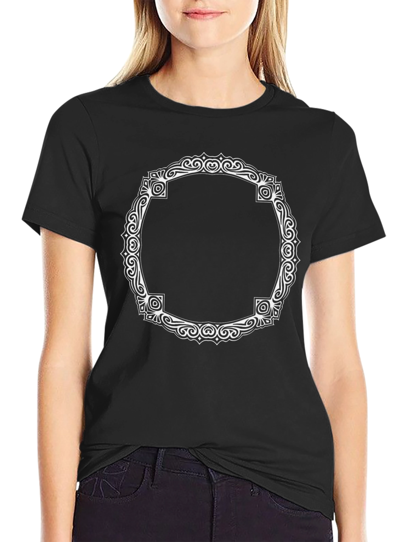 Black T-Shirt with Ornate White Frame Design - 2