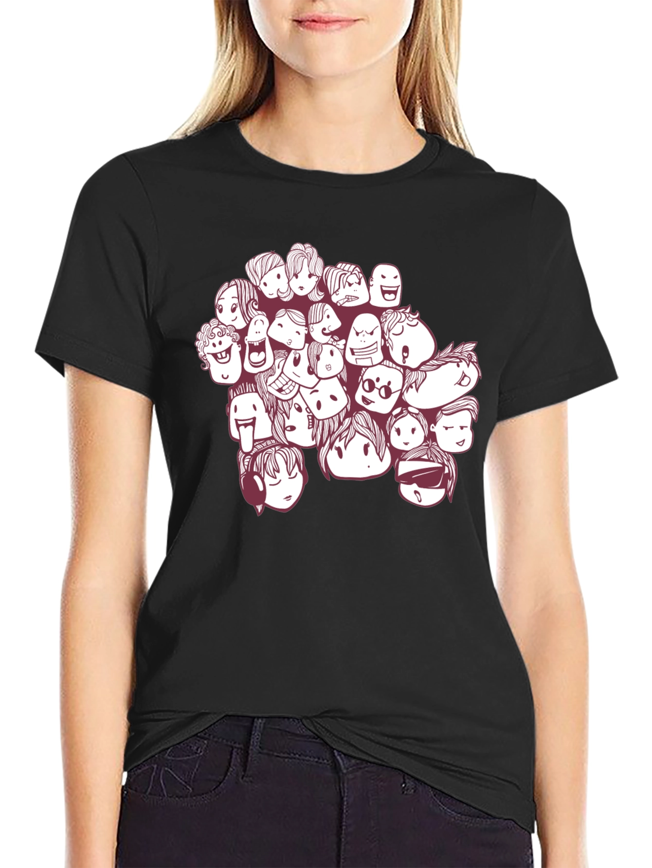 Black Cartoon Faces Graphic Print Black T-Shirt view 2