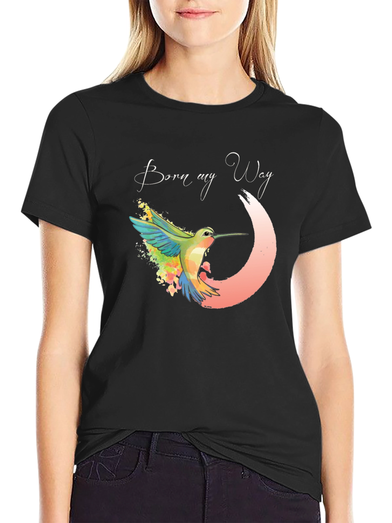 Black Born My Way T-Shirt - Watercolor Hummingbird Tee view 2