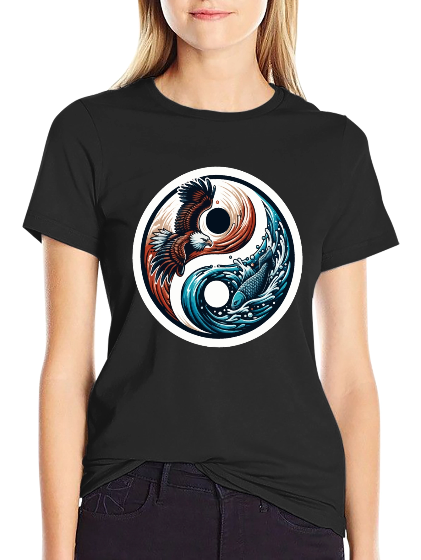 Black Yin Yang Eagle Fish Graphic Tee - Harmony & Style view 2