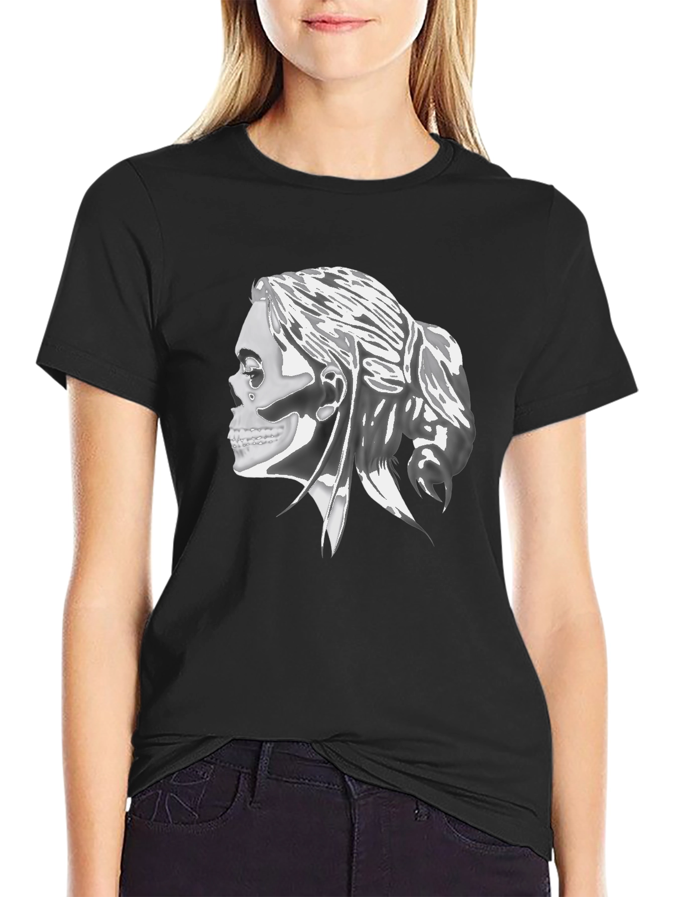 Black Gothic Skull Woman Graphic Print T-Shirt view 2