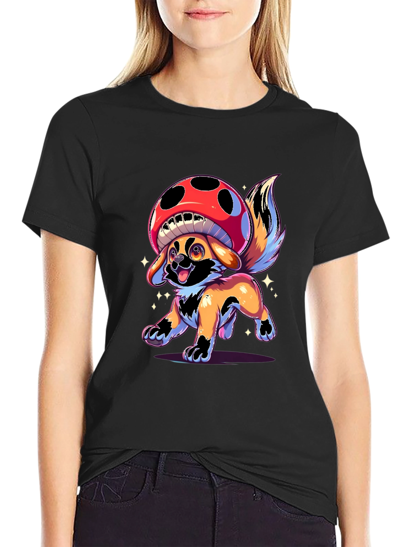 Black Mushroom Dog Graphic T-Shirt - Fun Cartoon Design view 2
