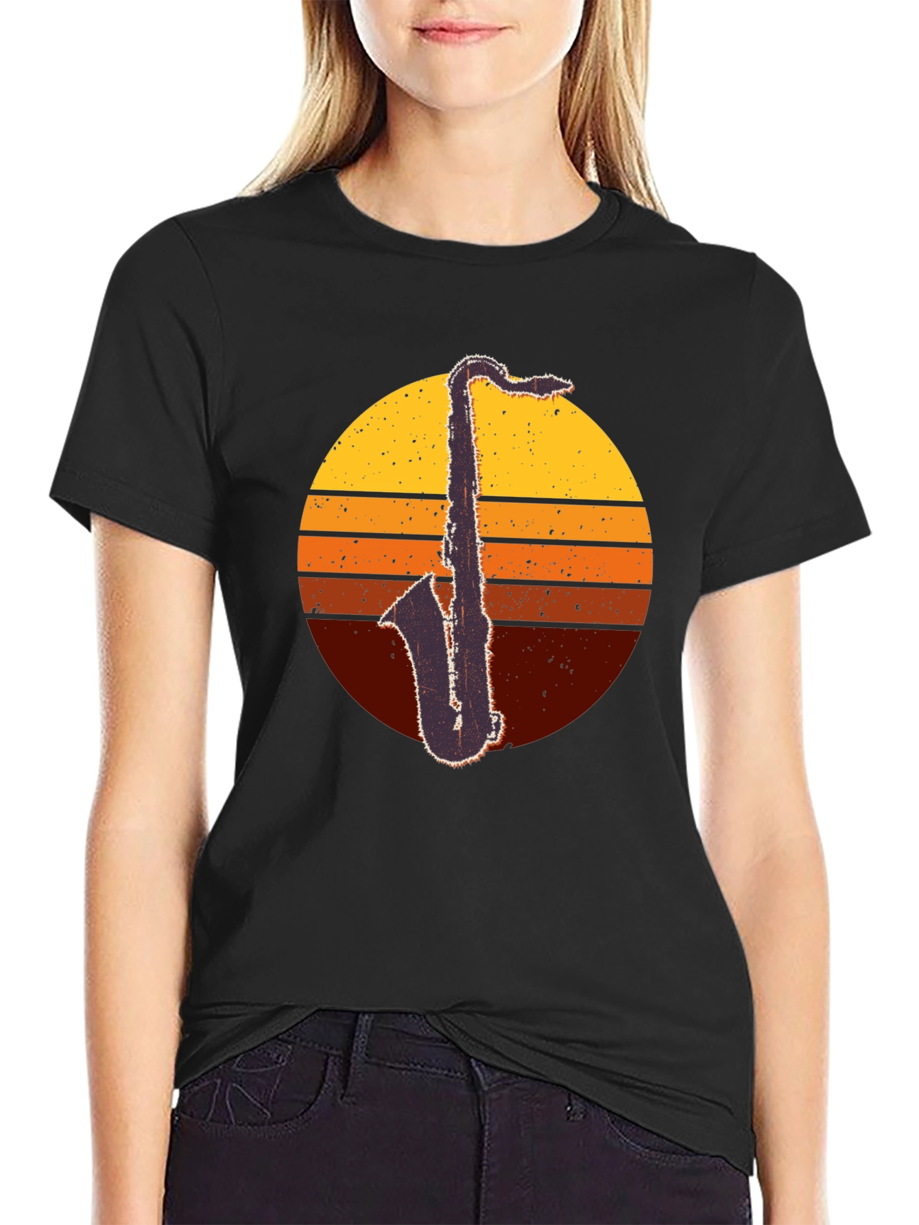 Black Retro Saxophone Sunset T-Shirt - Classic Cool view 2