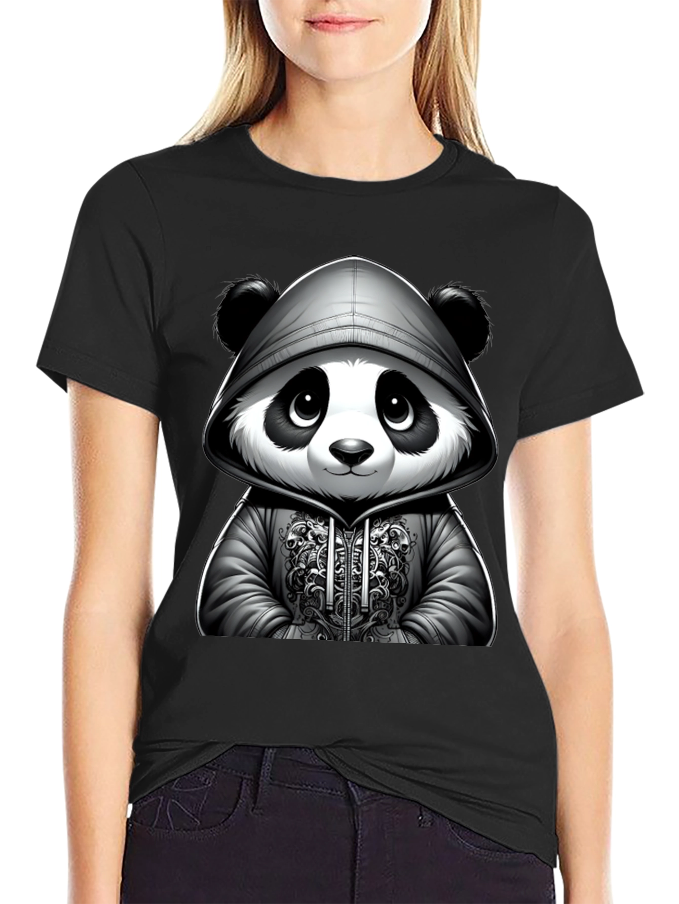 Black Cool Panda Hoodie T-Shirt view 2