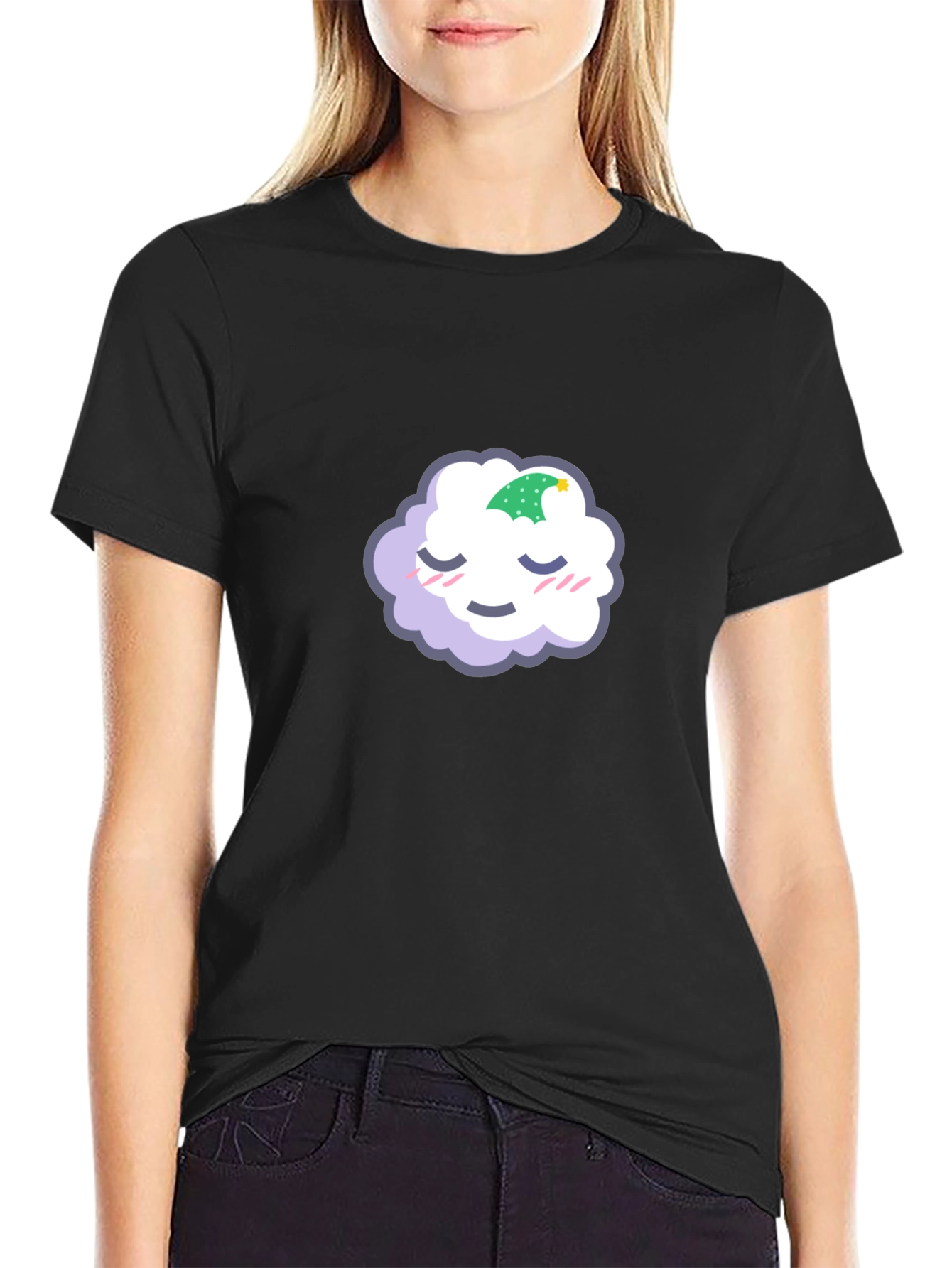 Black Cute Sleeping Cloud Graphic Tee - Black Cotton Blend view 2