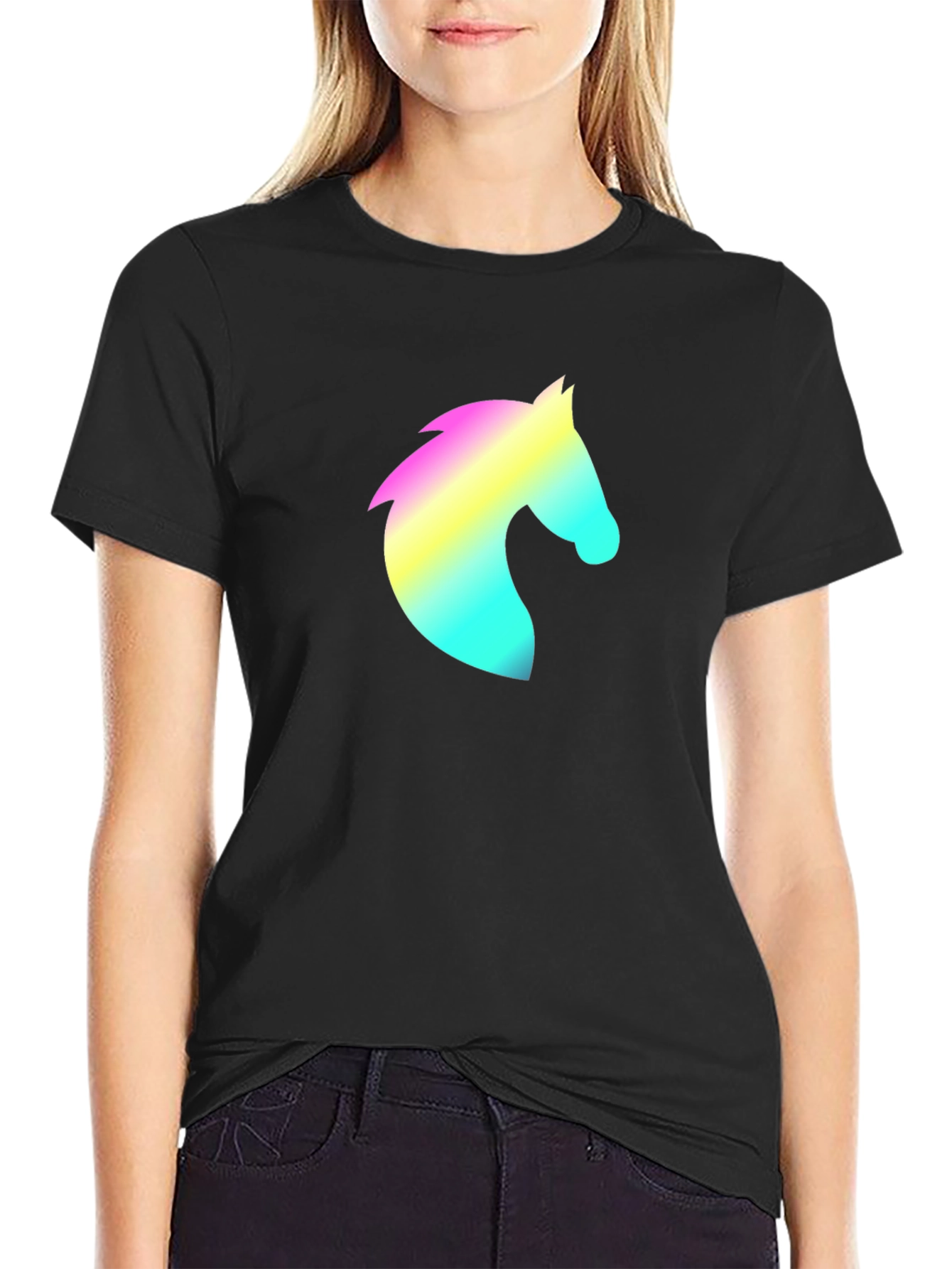 Black Men's Black T-Shirt with Rainbow Horse Head Design view 2