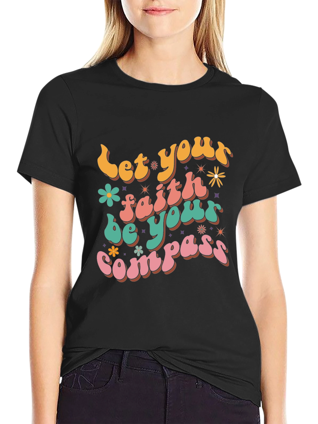 Black Faith Compass Graphic Tee - Retro Style view 2