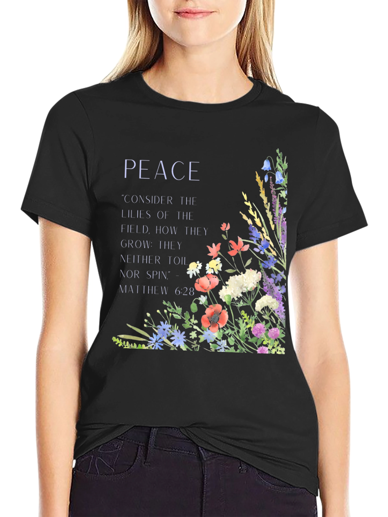 Black Peace Floral T-Shirt - Matthew 6:28 Scripture Tee view 2
