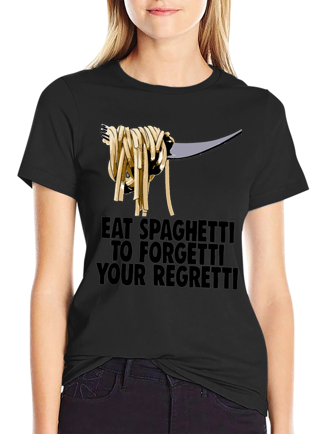 Black Eat Spaghetti To Forgetti Your Regretti T-Shirt view 2
