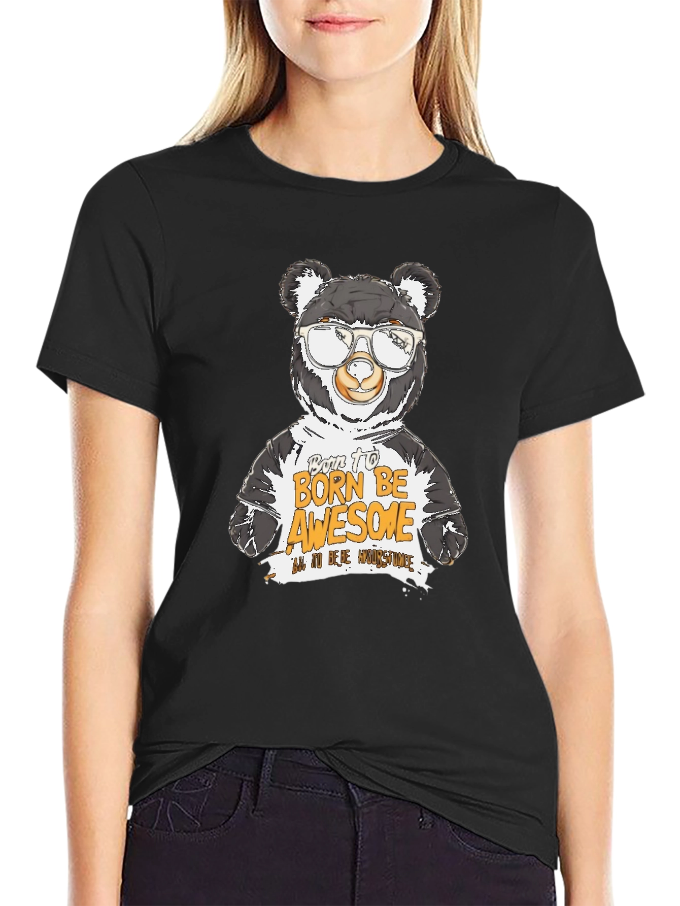Black Cool Bear Graphic T-Shirt - Born to Be Awesome view 2