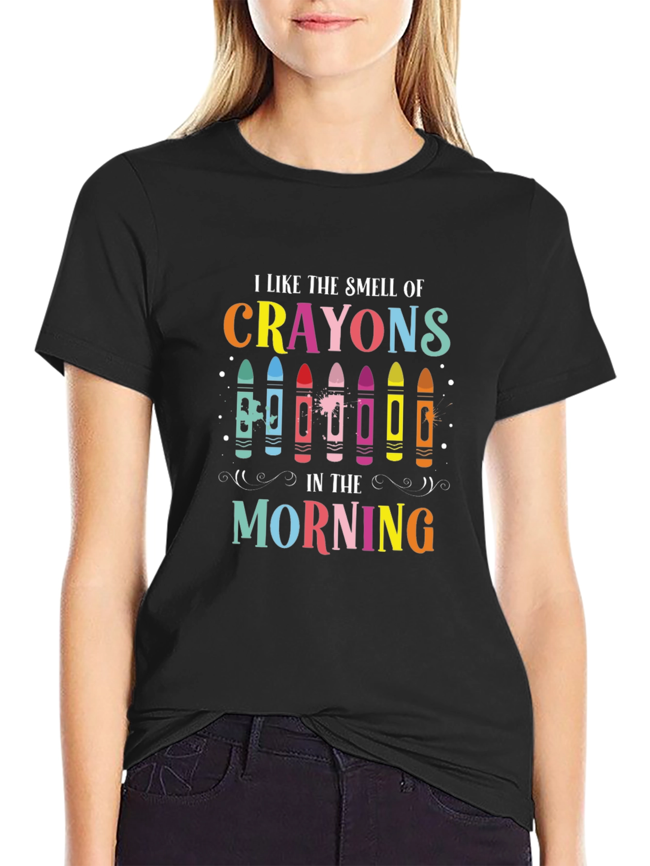Black I Like the Smell of Crayons T-Shirt view 2