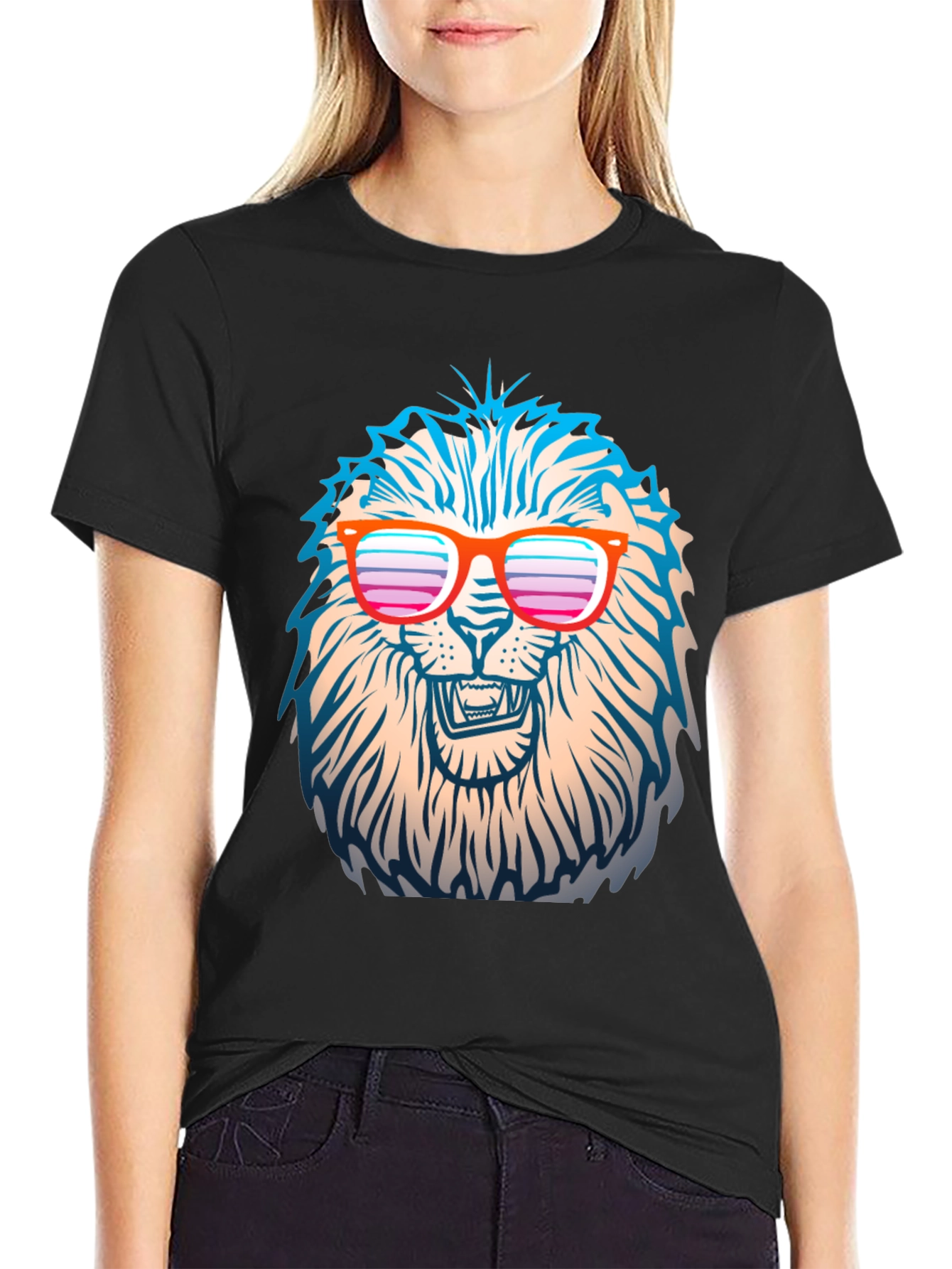 Black Cool Lion T-Shirt with Retro Sunglasses view 2